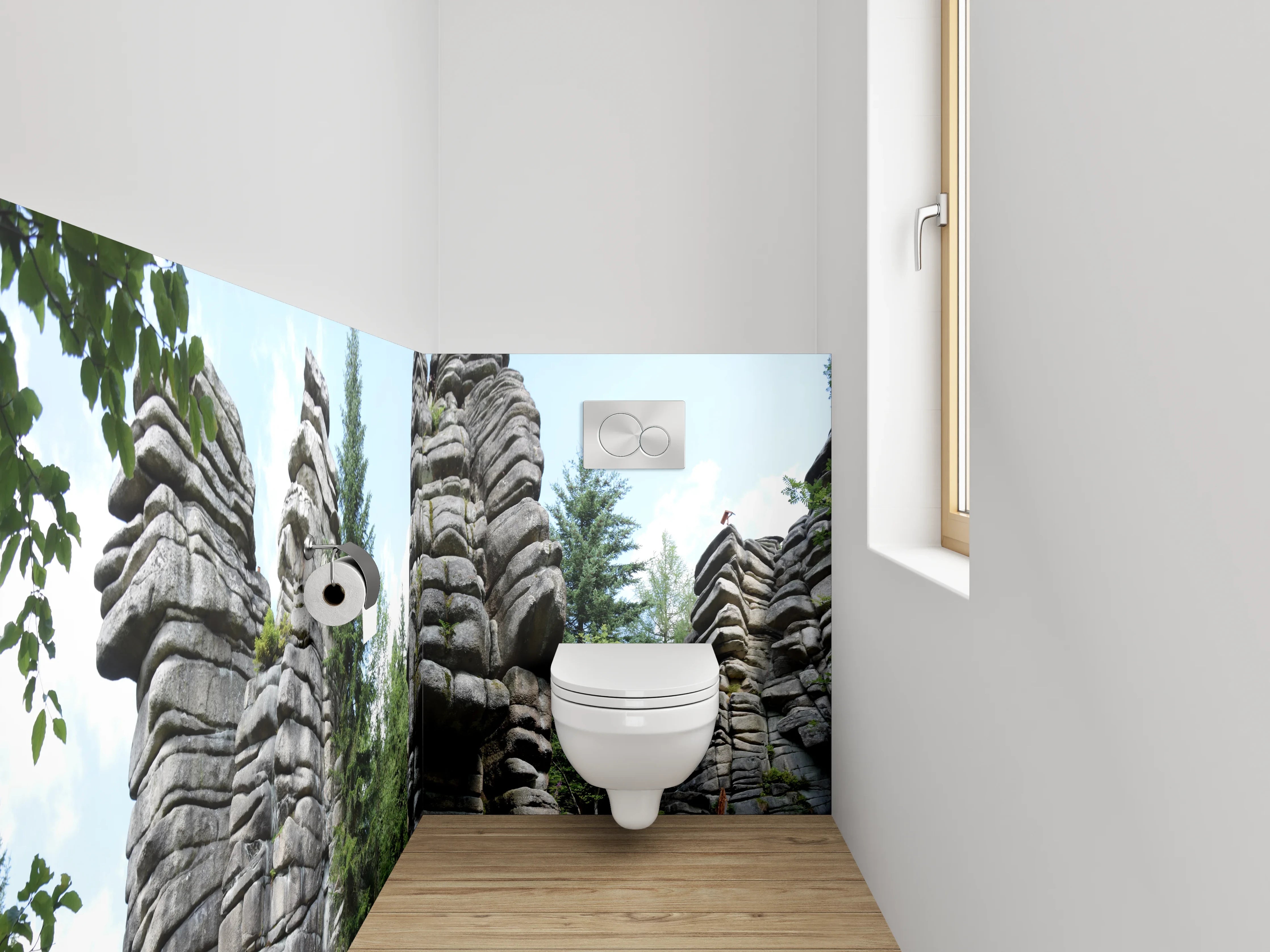 WC-Rückwand - Felsformationen im Nadelwald Panorama