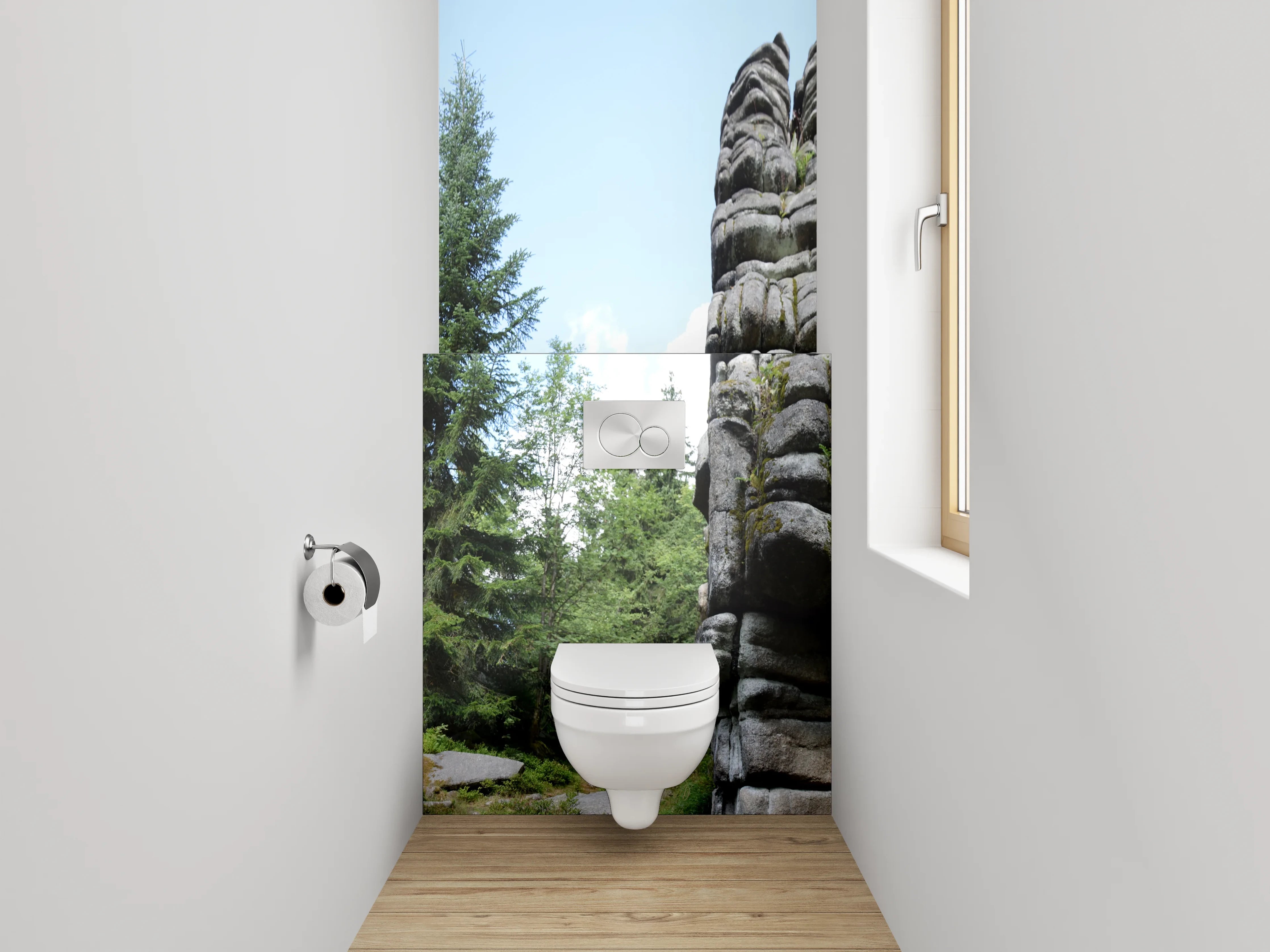 WC-Rückwand - Felsformationen im Nadelwald Panorama