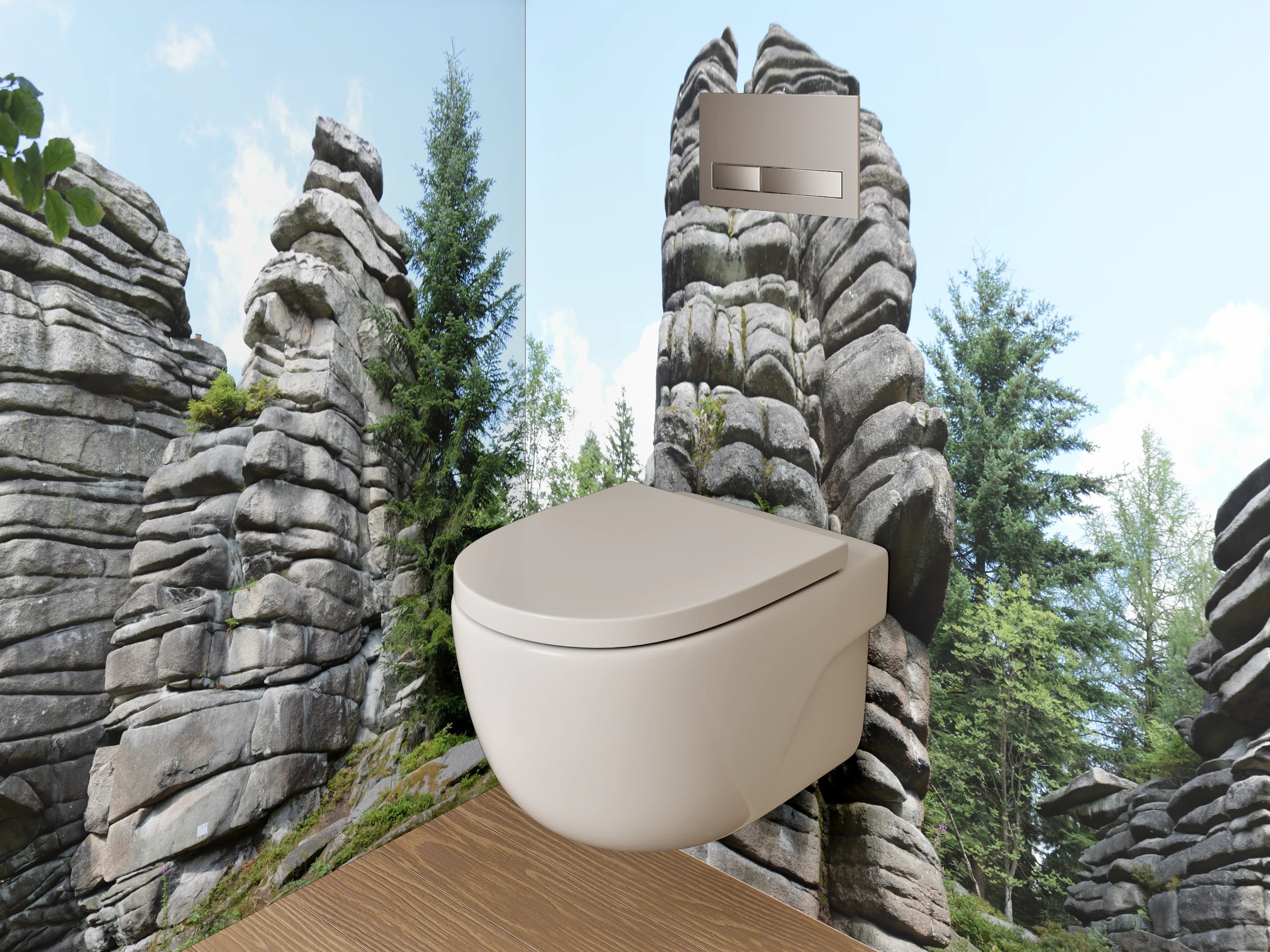 WC-Rückwand - Felsformationen im Nadelwald Panorama