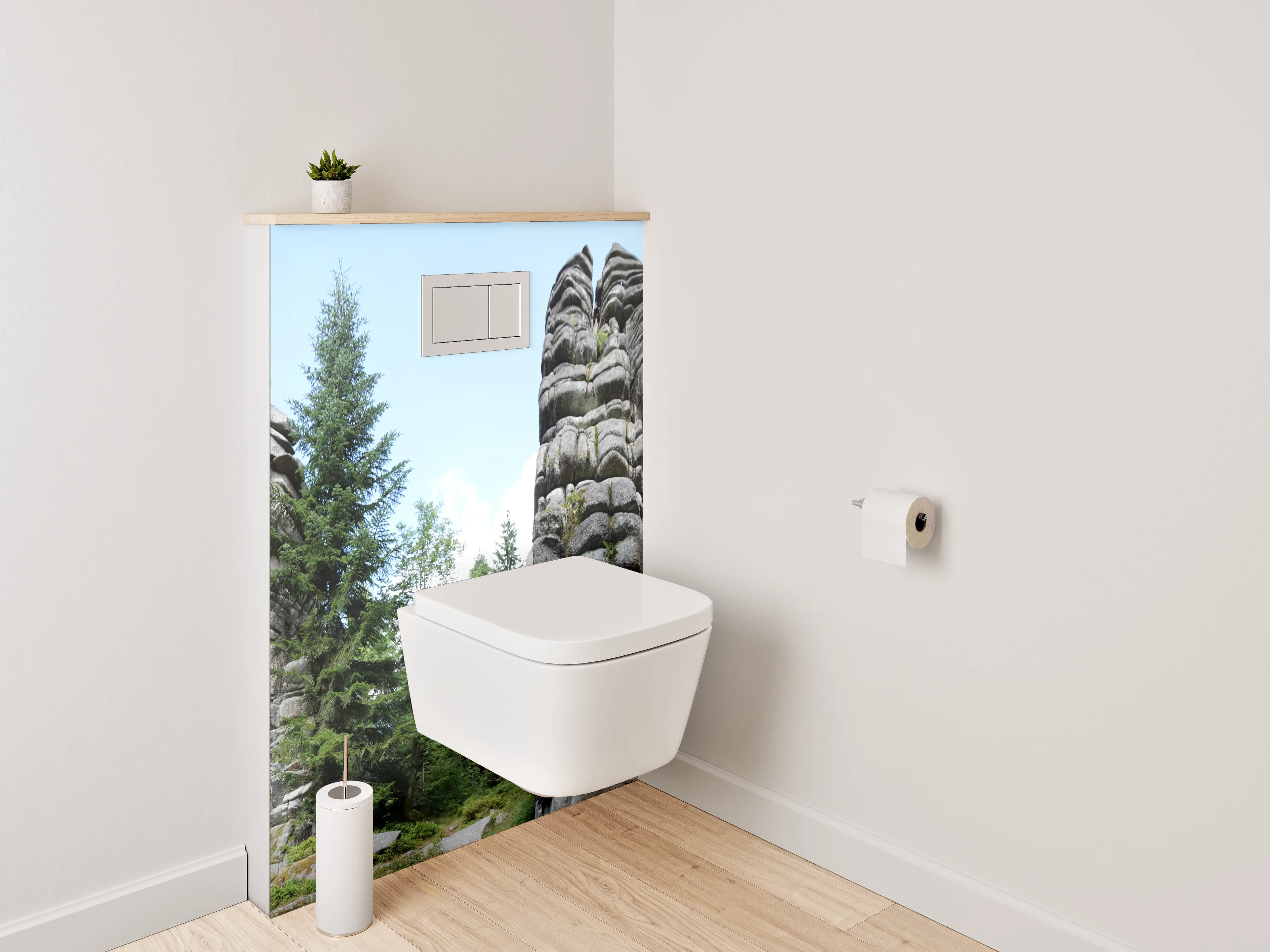 WC-Rückwand - Felsformationen im Nadelwald Panorama