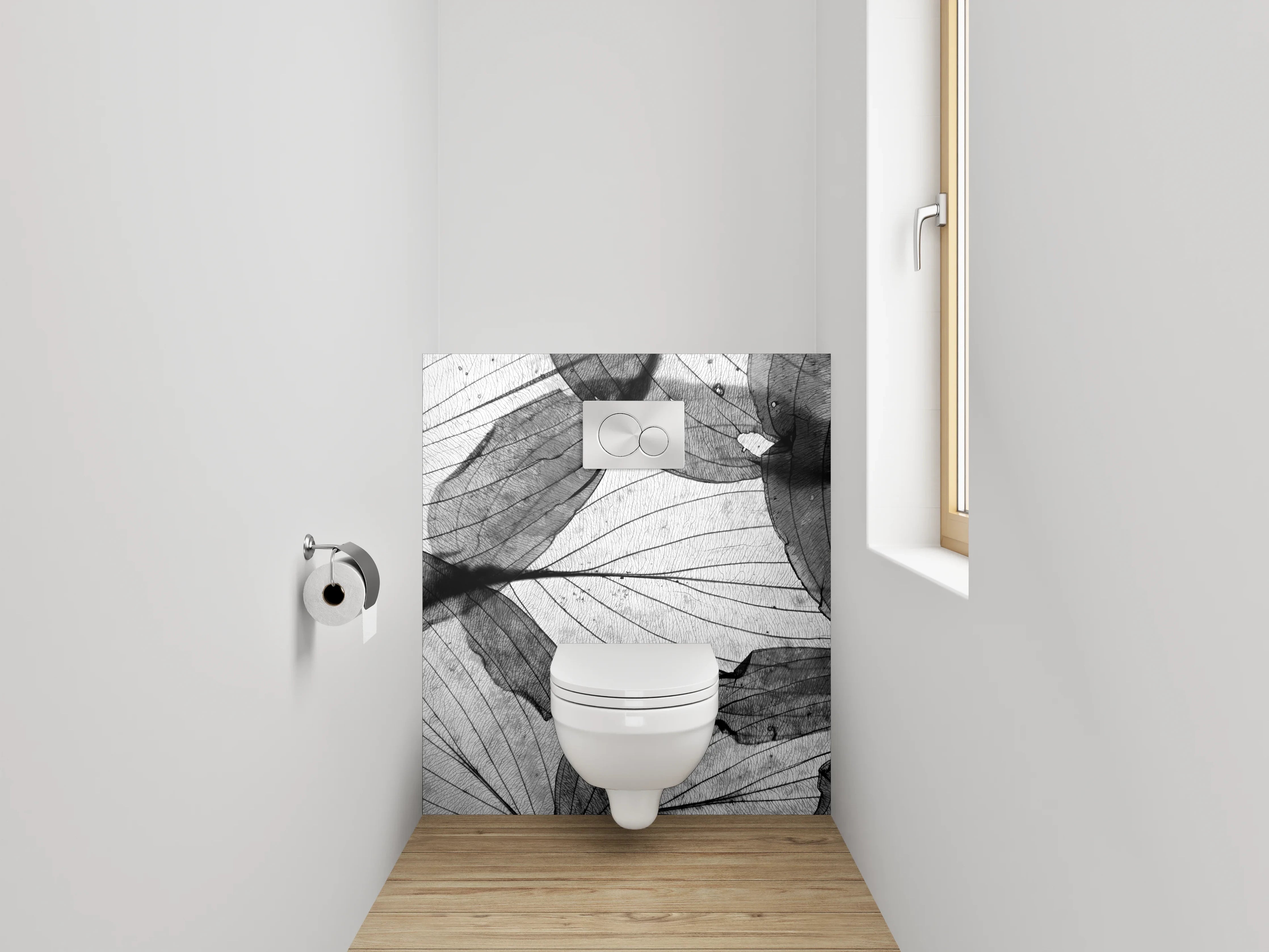 WC-Rückwand - Filigrane Blätterstruktur Schwarz-Weiß
