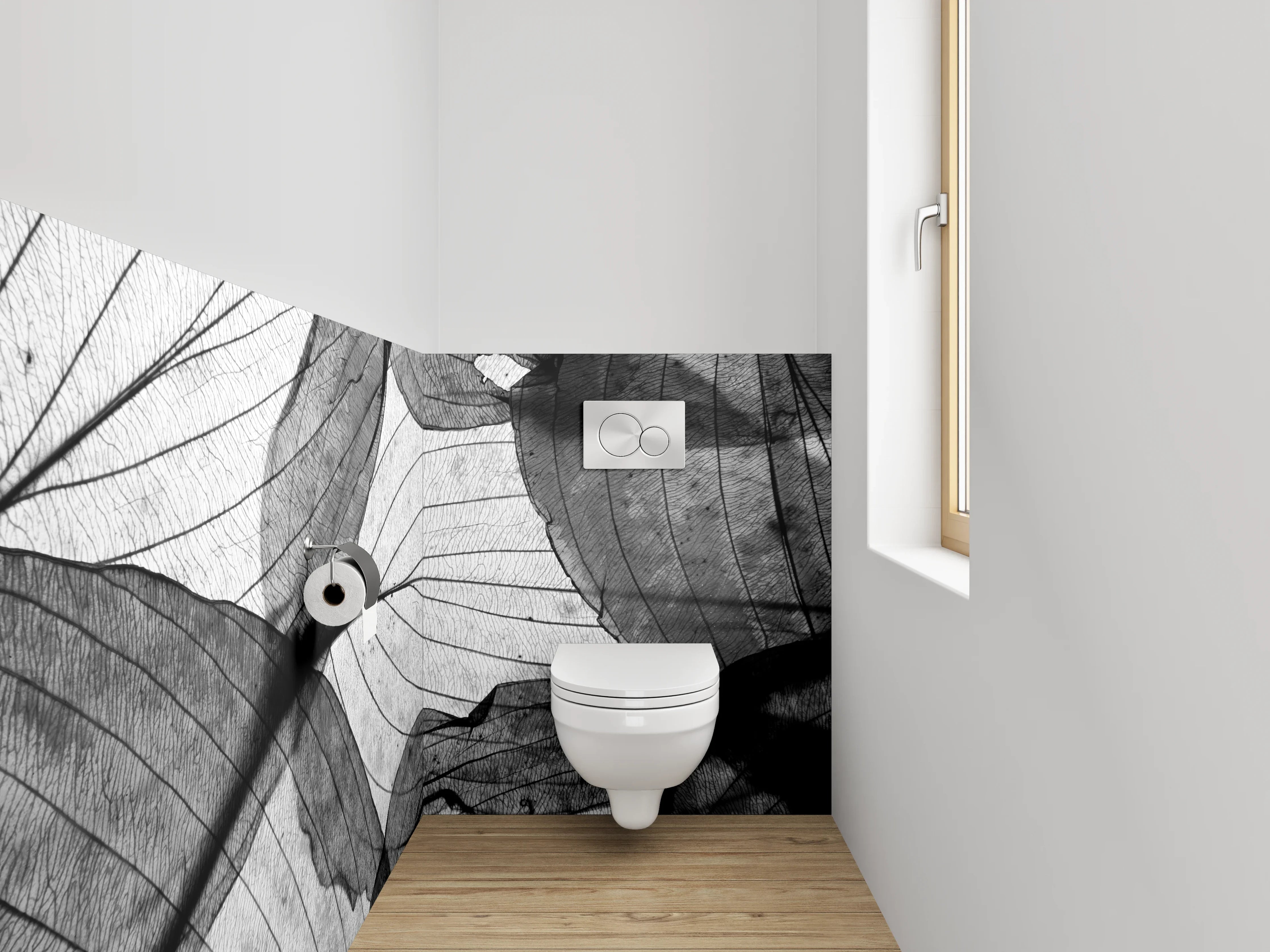 WC-Rückwand - Filigrane Blätterstruktur Schwarz-Weiß