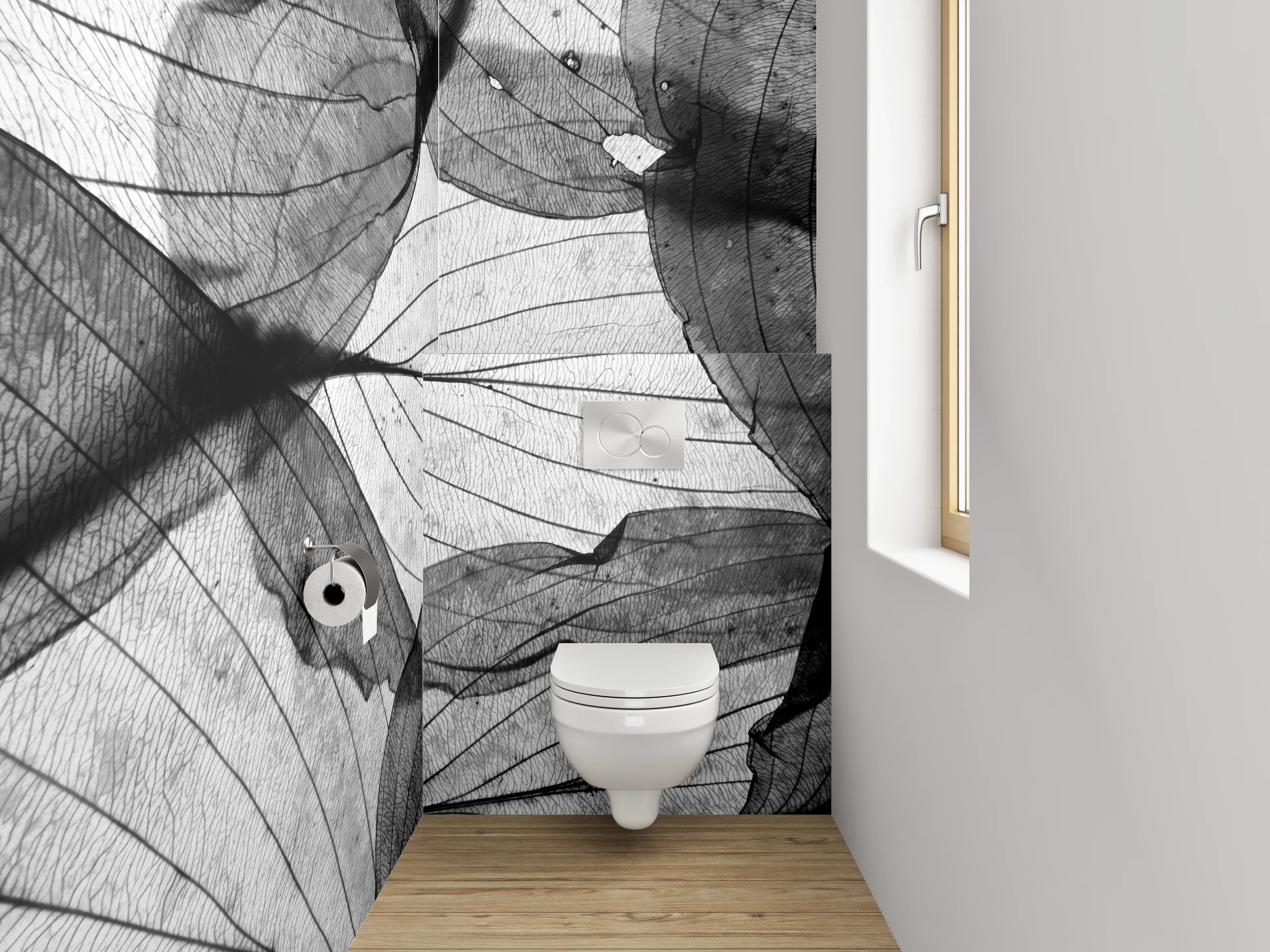 WC-Rückwand - Filigrane Blätterstruktur Schwarz-Weiß
