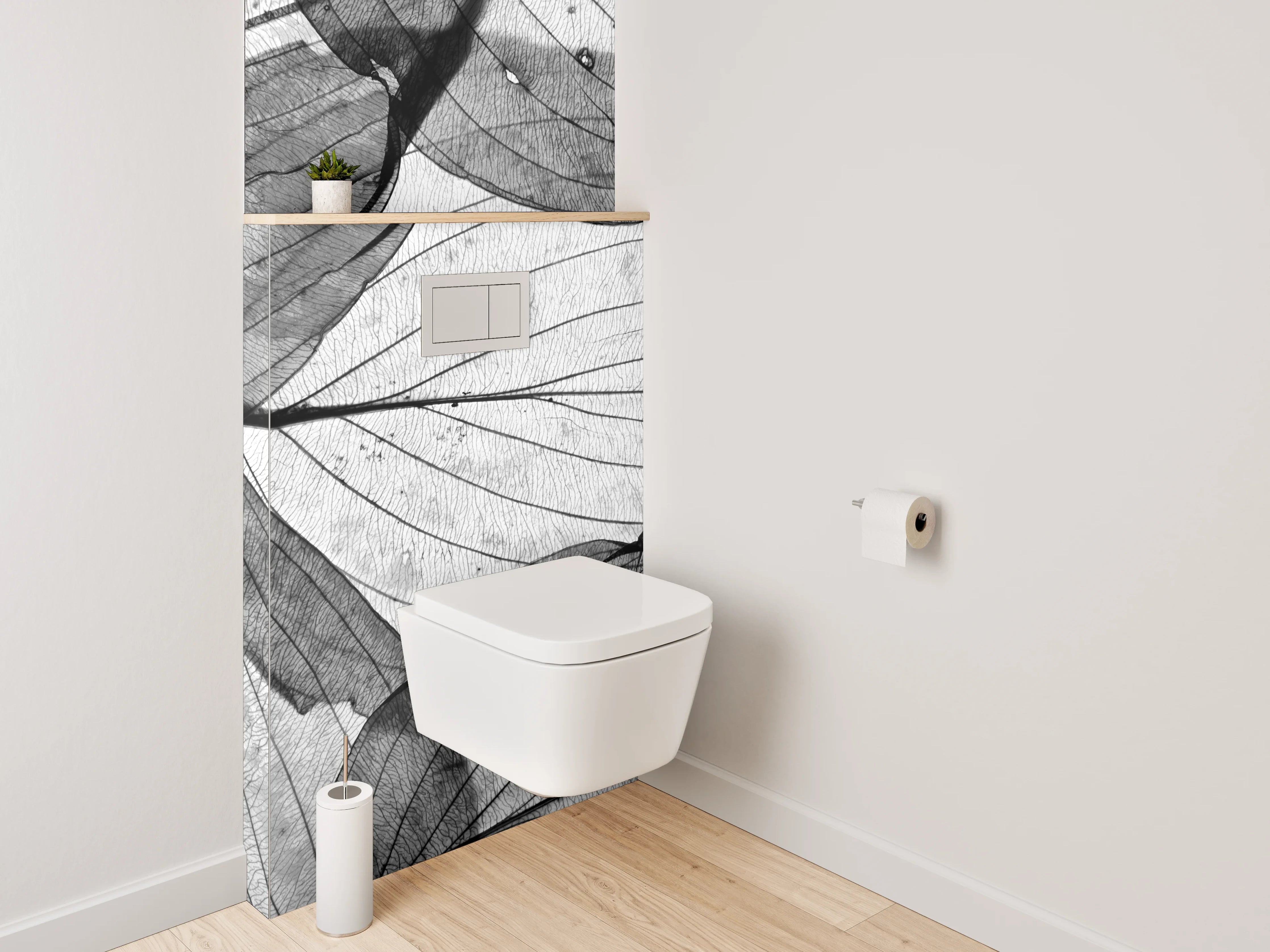 WC-Rückwand - Filigrane Blätterstruktur Schwarz-Weiß