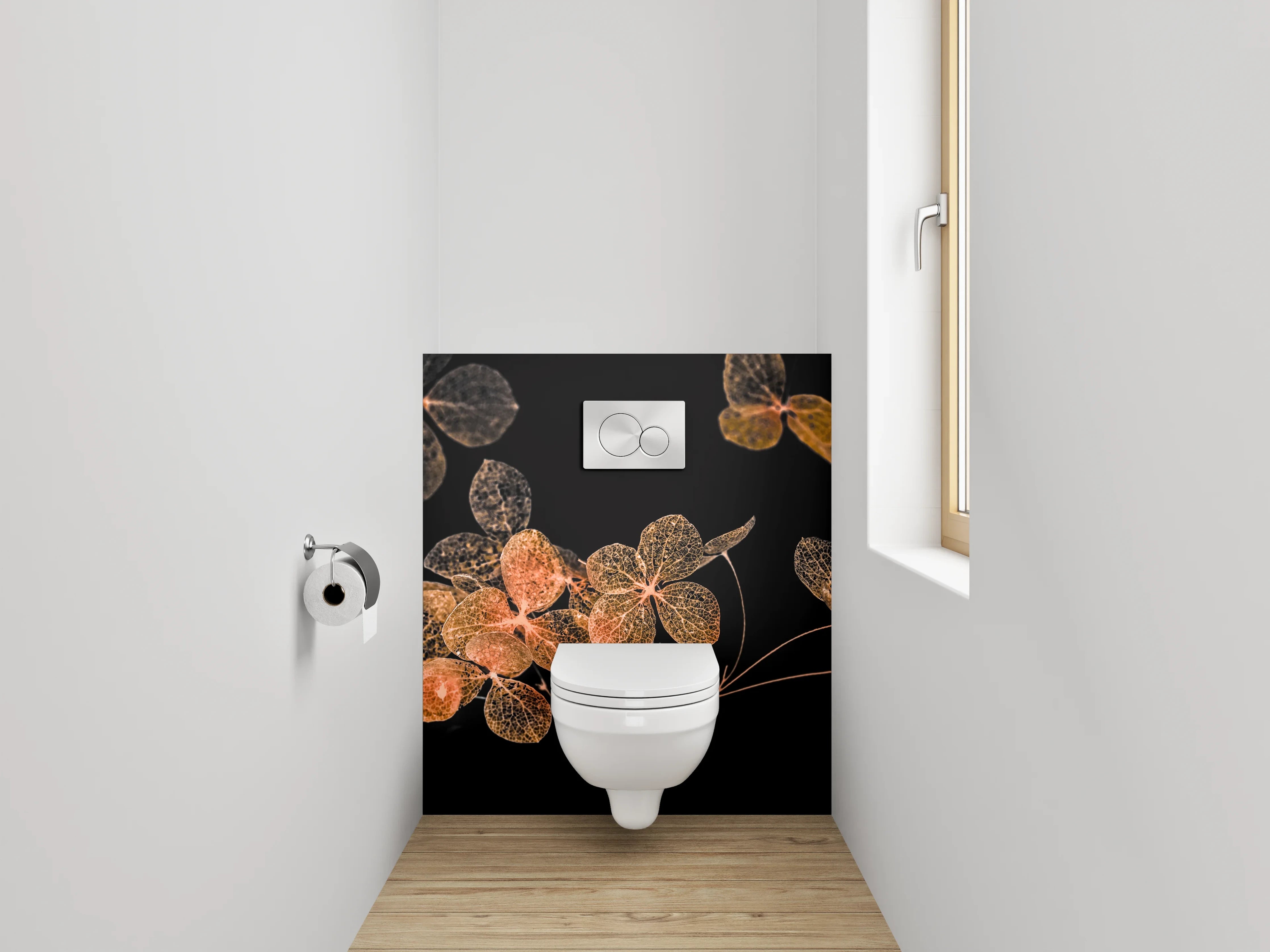 WC-Rückwand - Filigrane Blüten auf Schwarz – Kunstfotografie