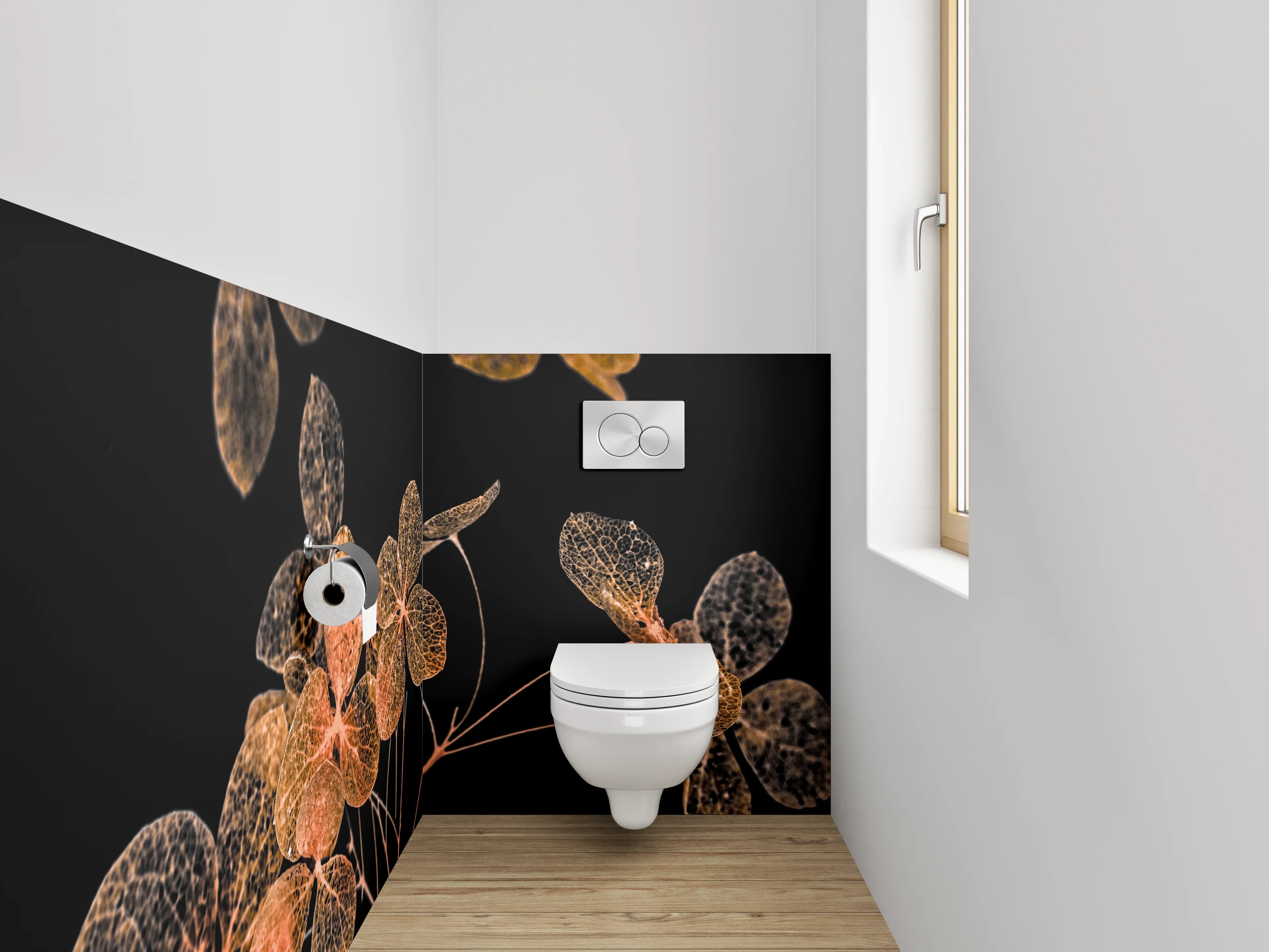 WC-Rückwand - Filigrane Blüten auf Schwarz – Kunstfotografie