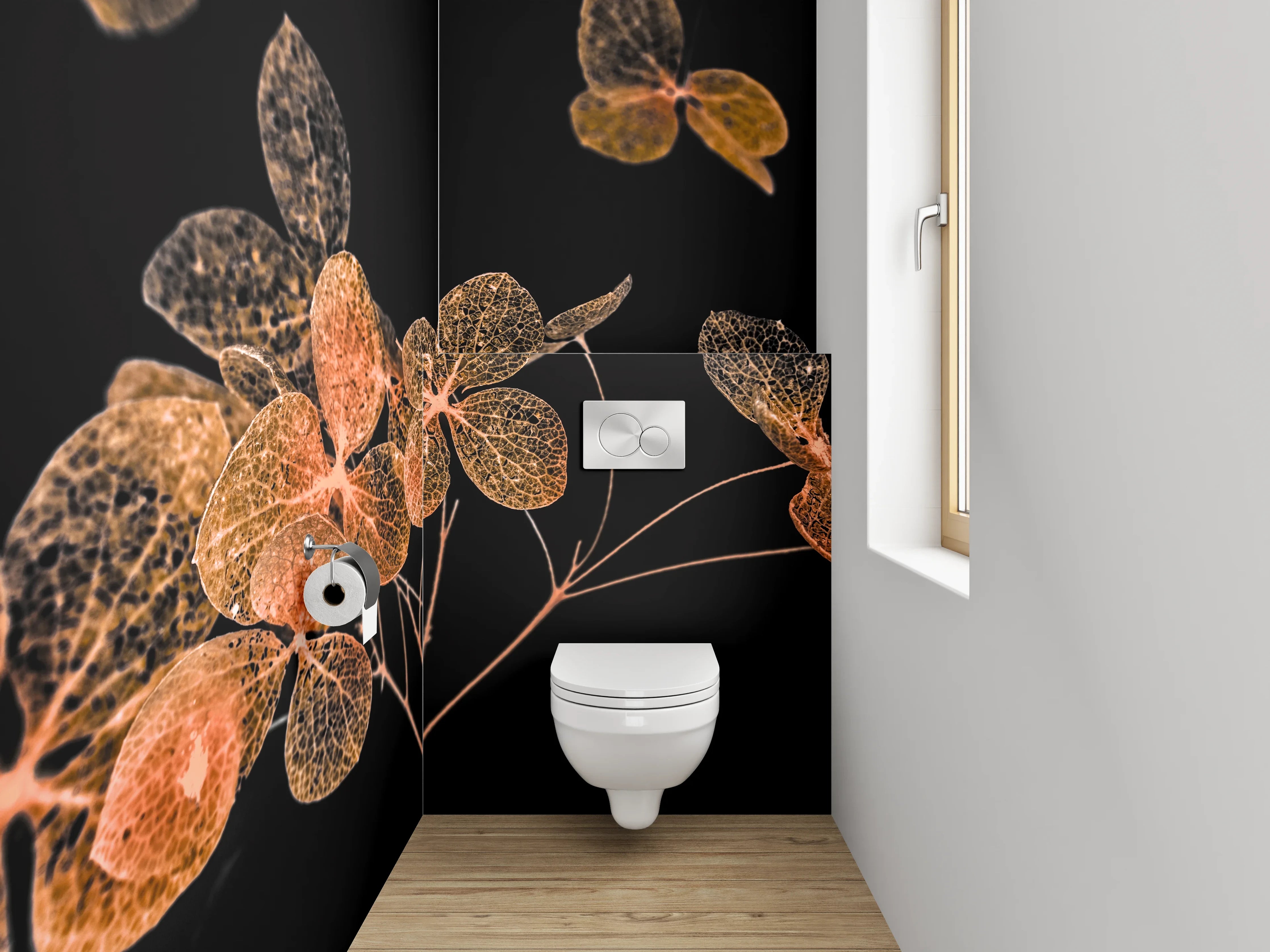 WC-Rückwand - Filigrane Blüten auf Schwarz – Kunstfotografie