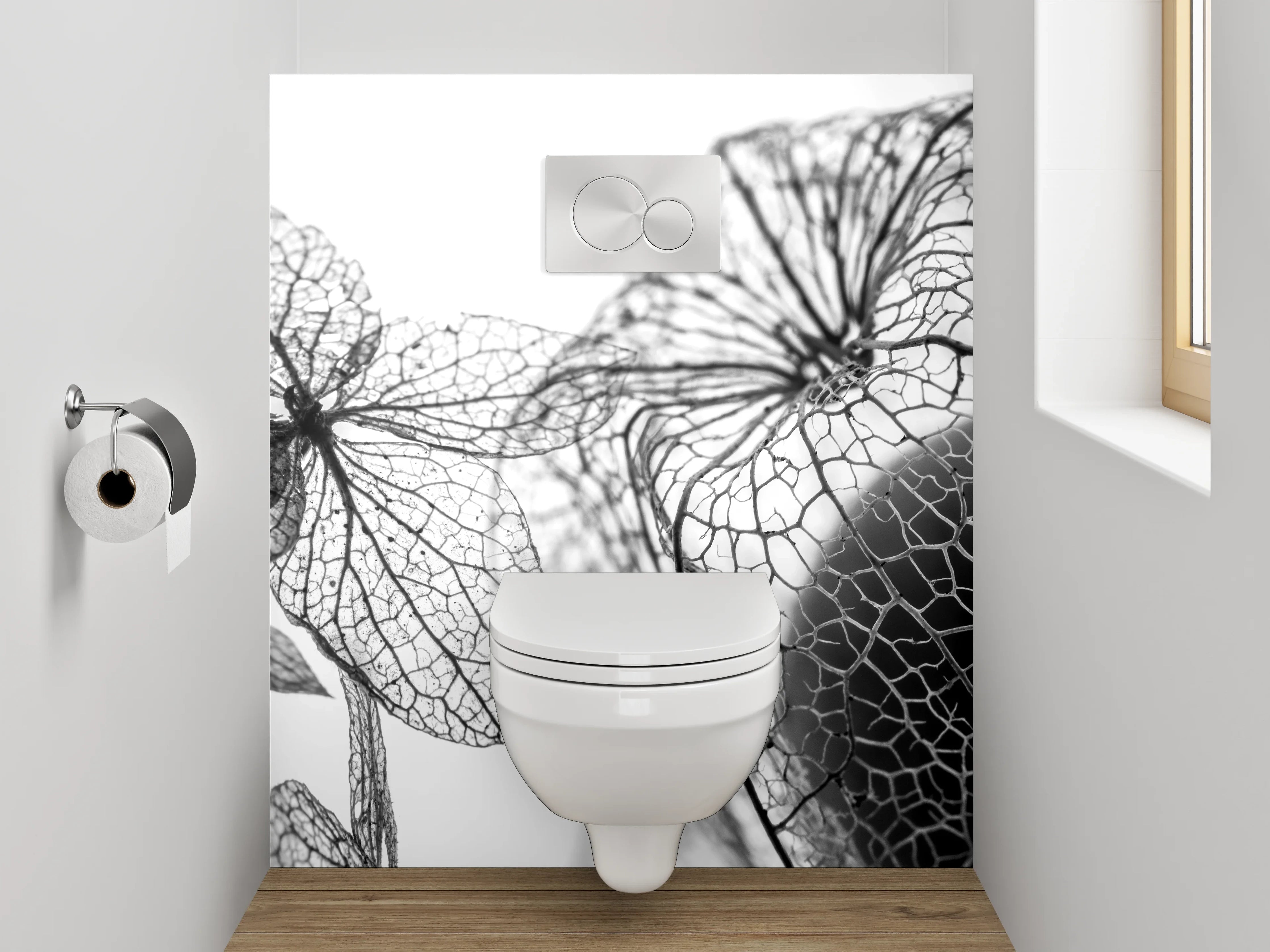 WC-Rückwand - Filigrane Blüten in Schwarz-Weiß