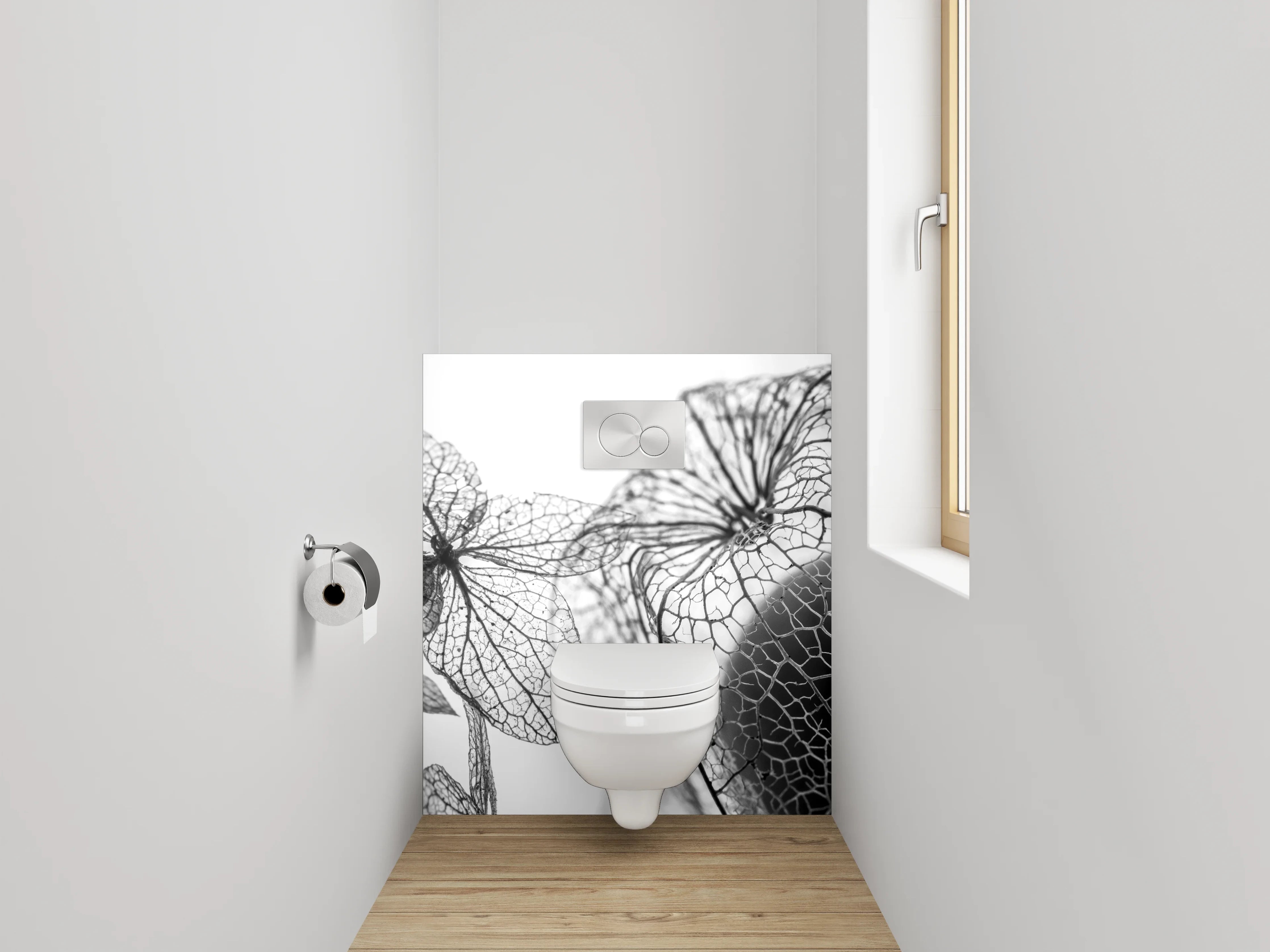 WC-Rückwand - Filigrane Blüten in Schwarz-Weiß