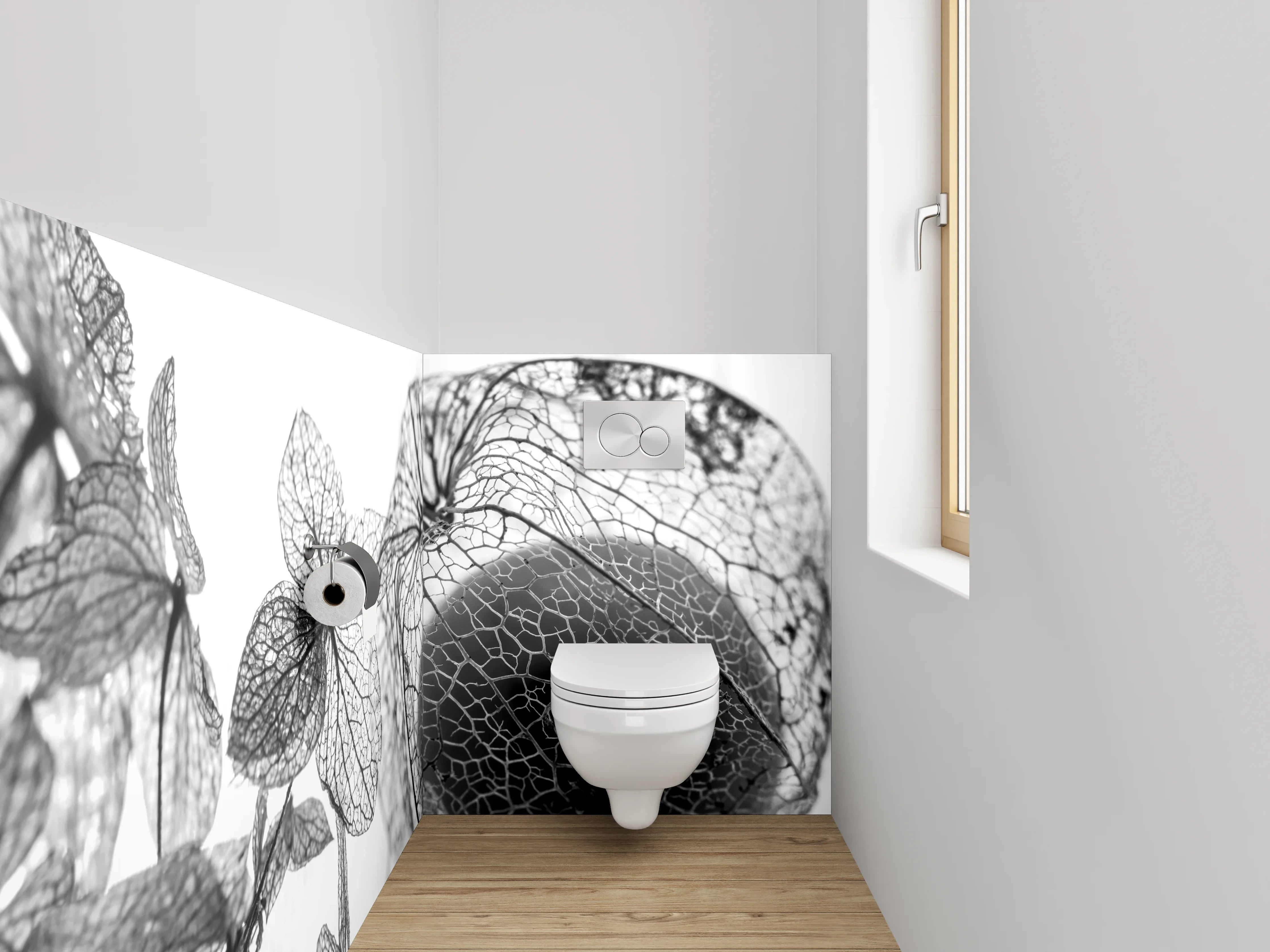 WC-Rückwand - Filigrane Blüten in Schwarz-Weiß