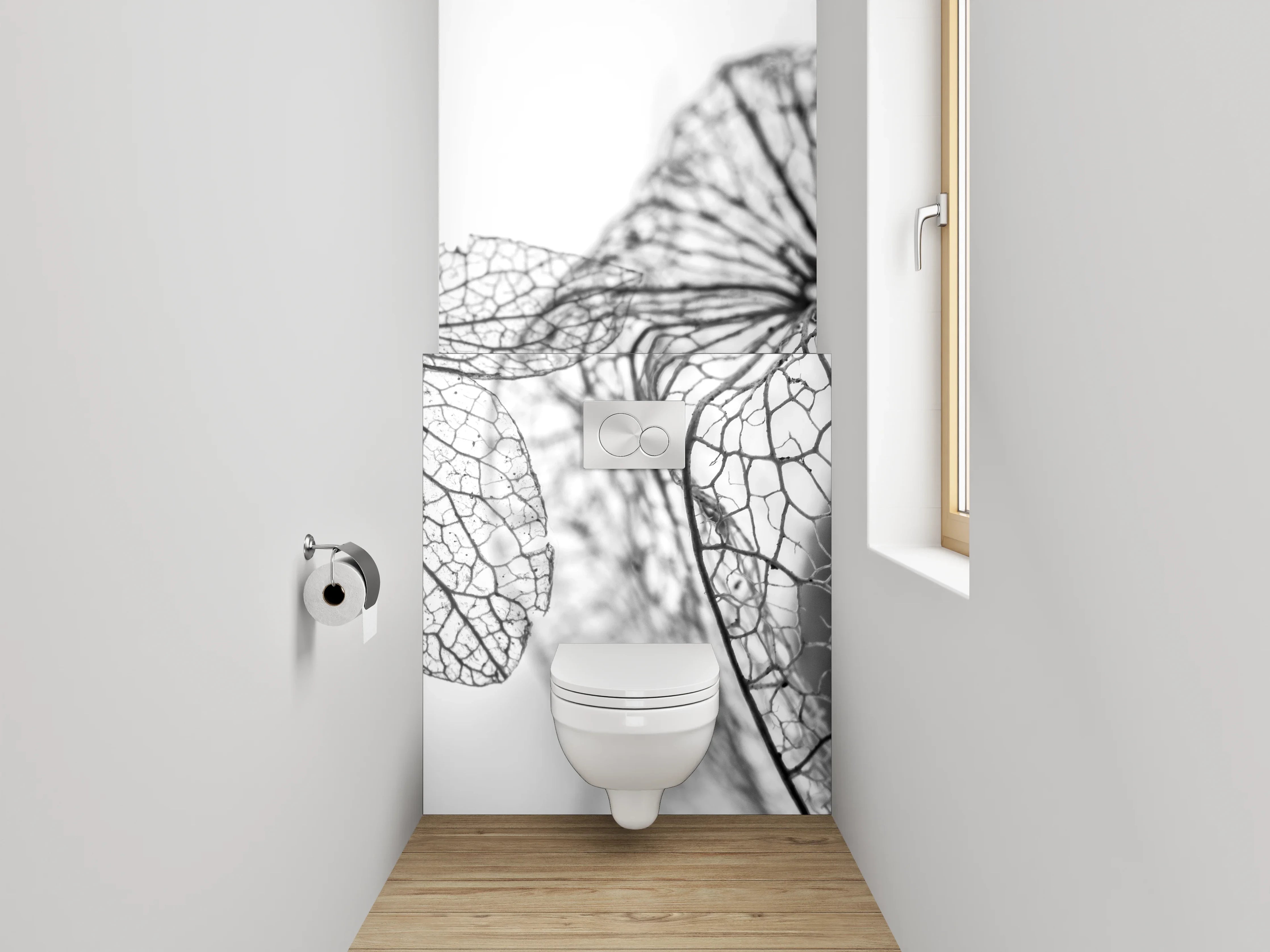 WC-Rückwand - Filigrane Blüten in Schwarz-Weiß