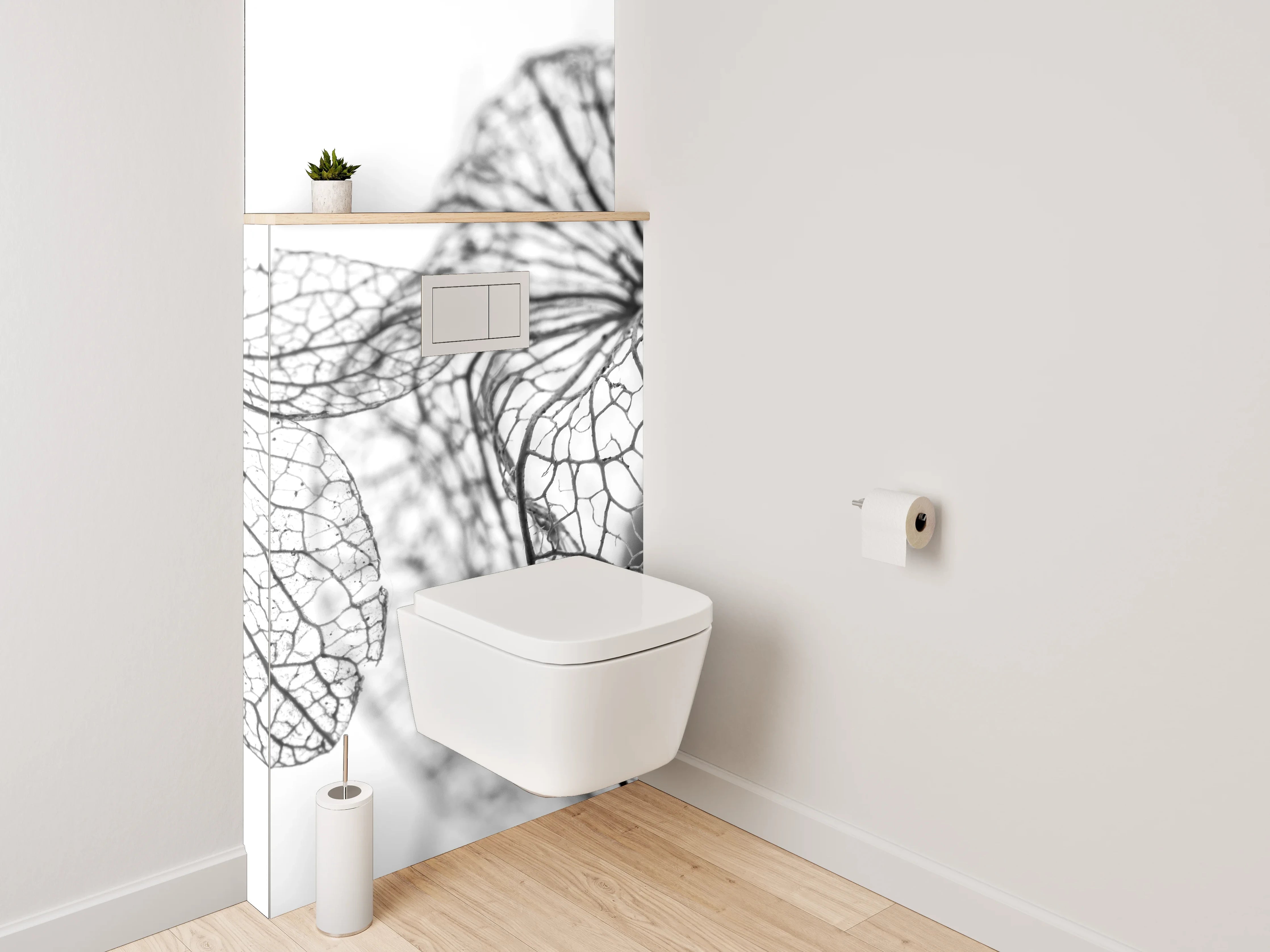 WC-Rückwand - Filigrane Blüten in Schwarz-Weiß