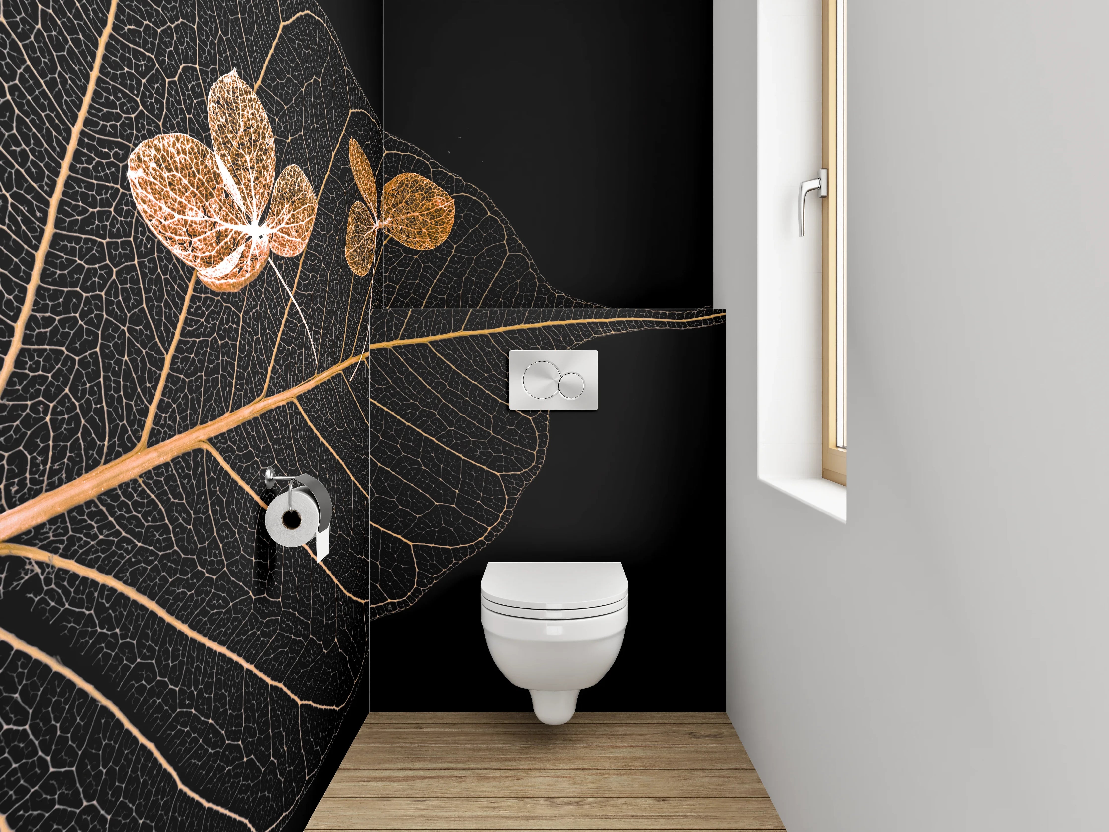 WC-Rückwand - Filigranes Blatt-Skelett mit Blüten