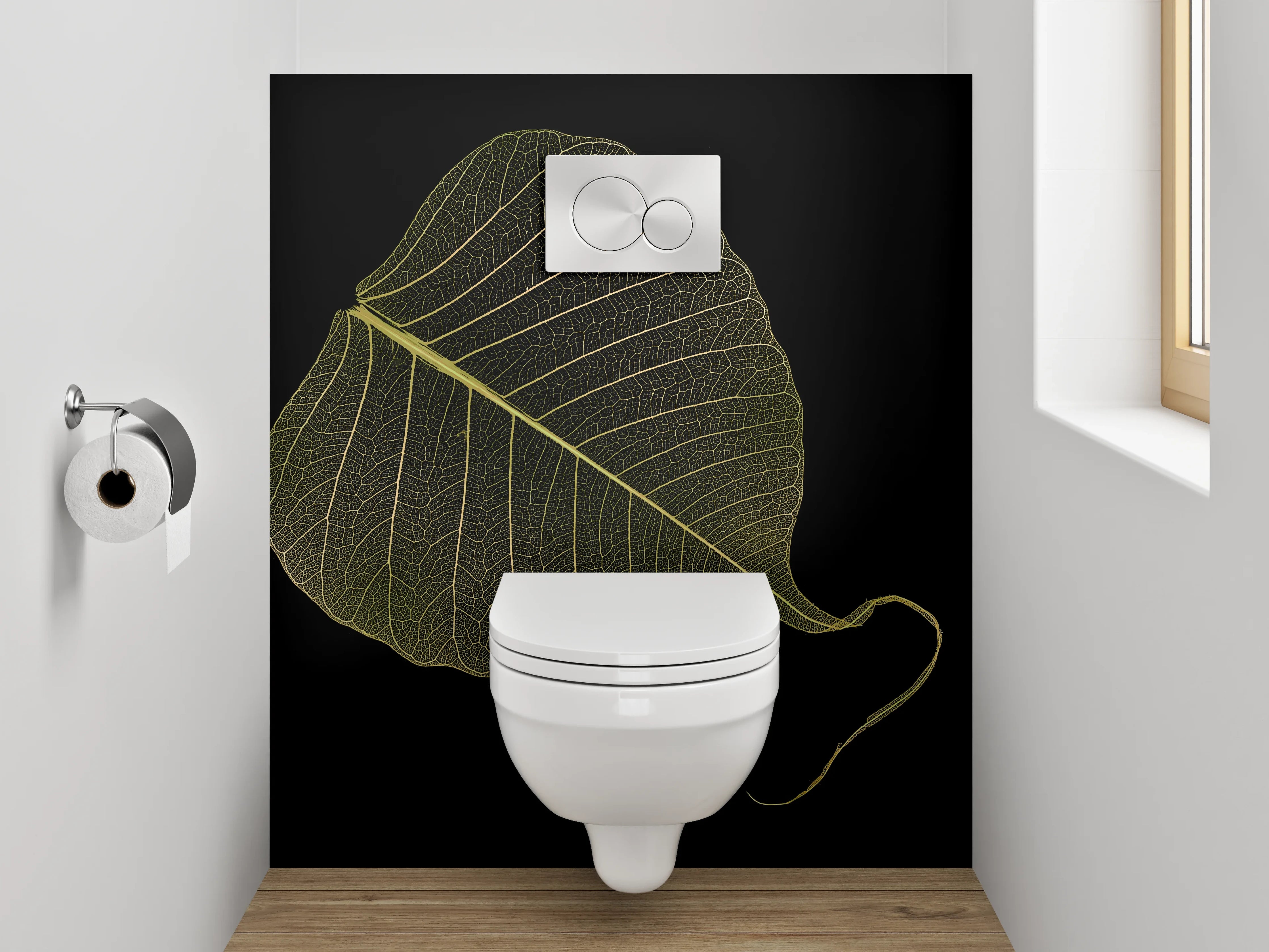 WC-Rückwand - Filigranes Blatt auf Schwarz