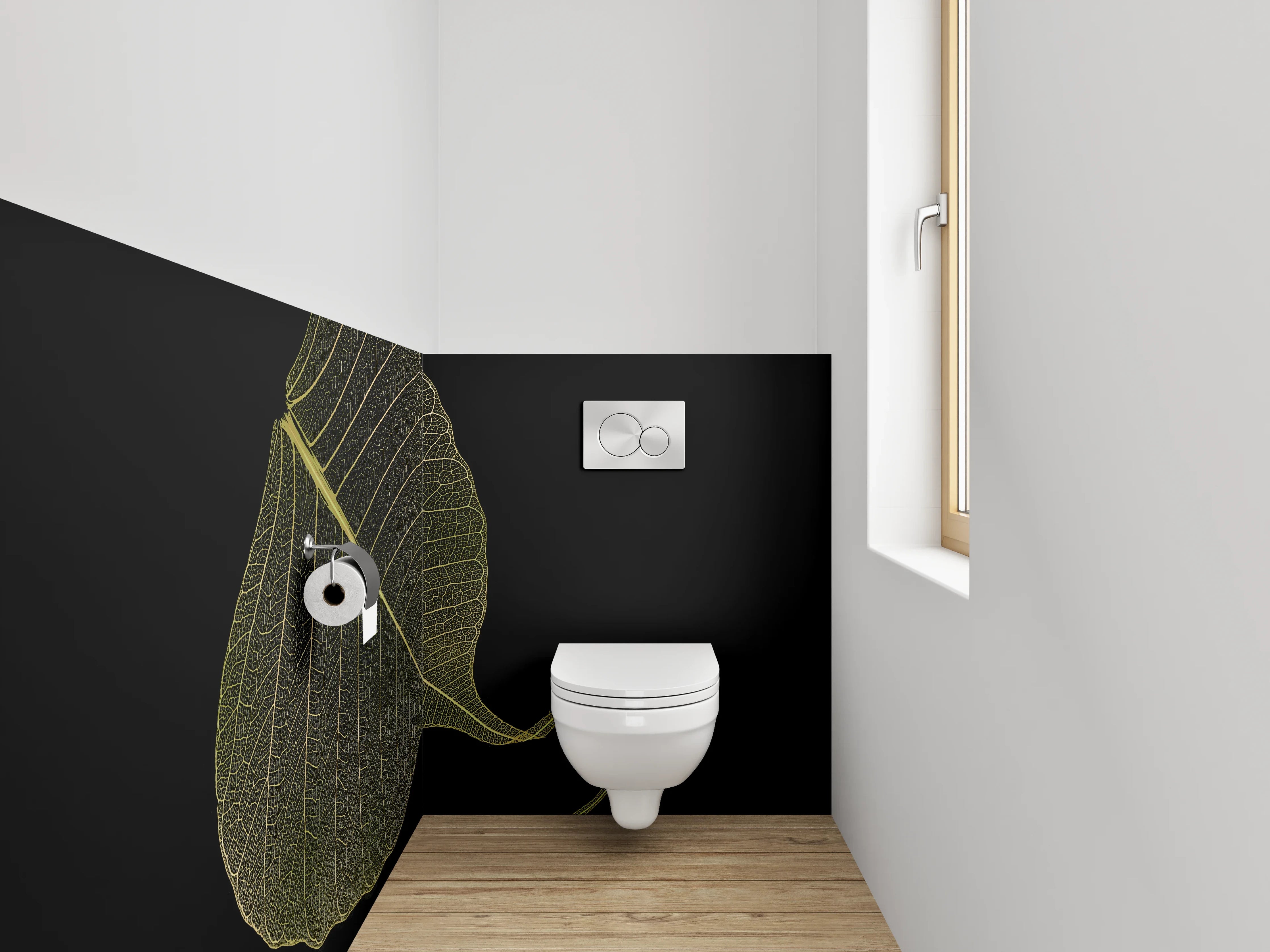 WC-Rückwand - Filigranes Blatt auf Schwarz