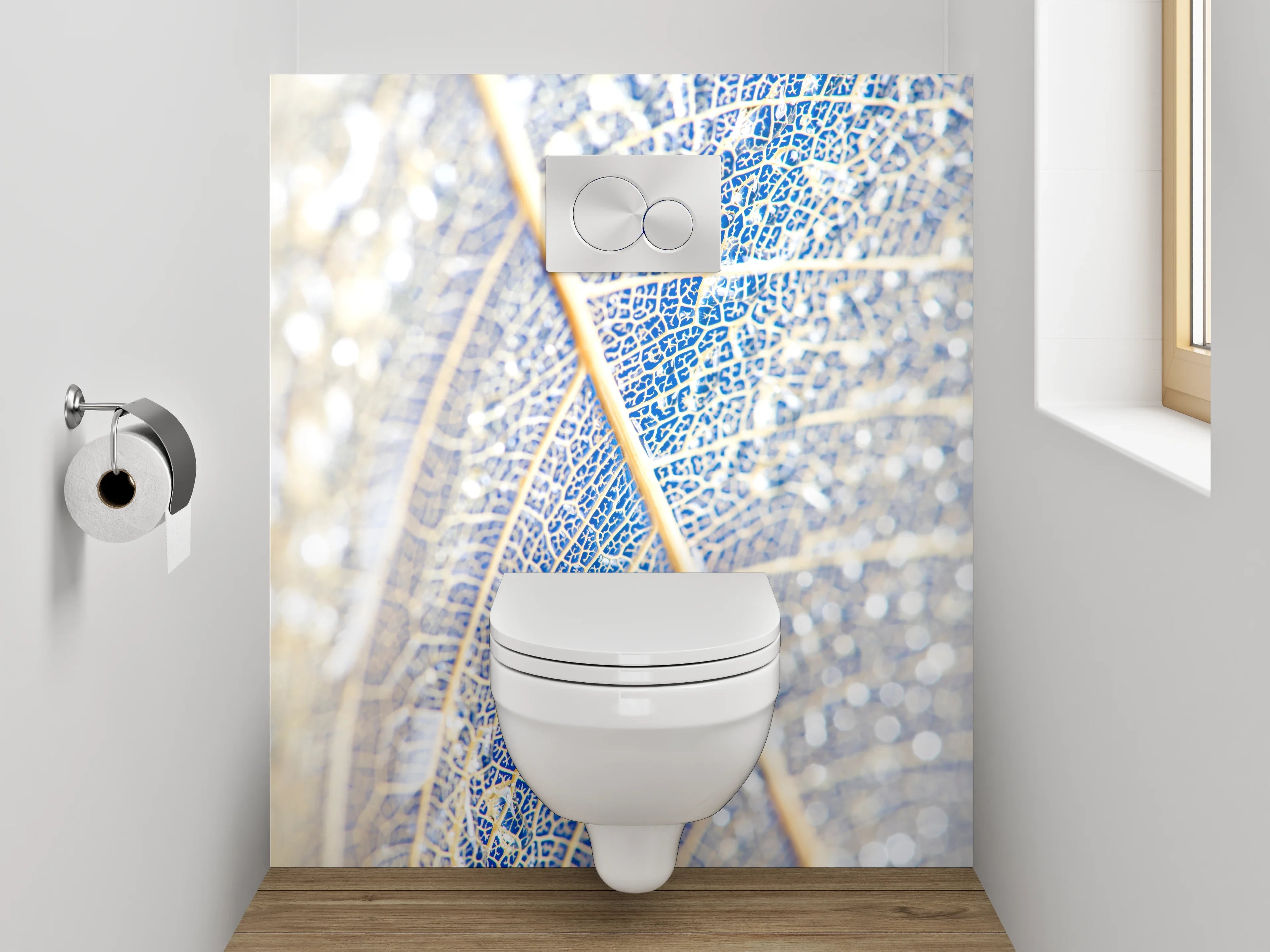 WC-Rückwand - Filigranes Blatt in Weiß und Blau
