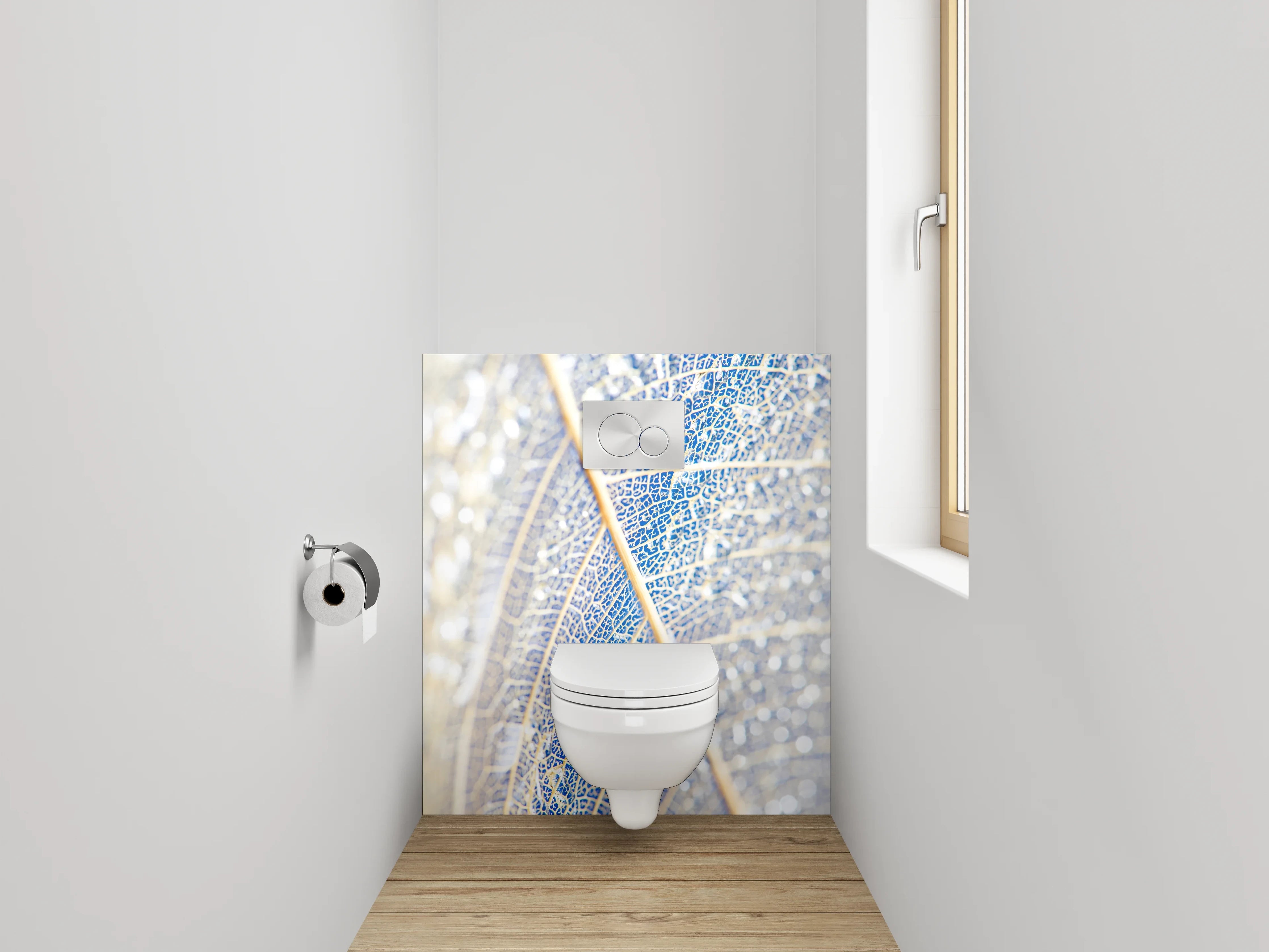 WC-Rückwand - Filigranes Blatt in Weiß und Blau