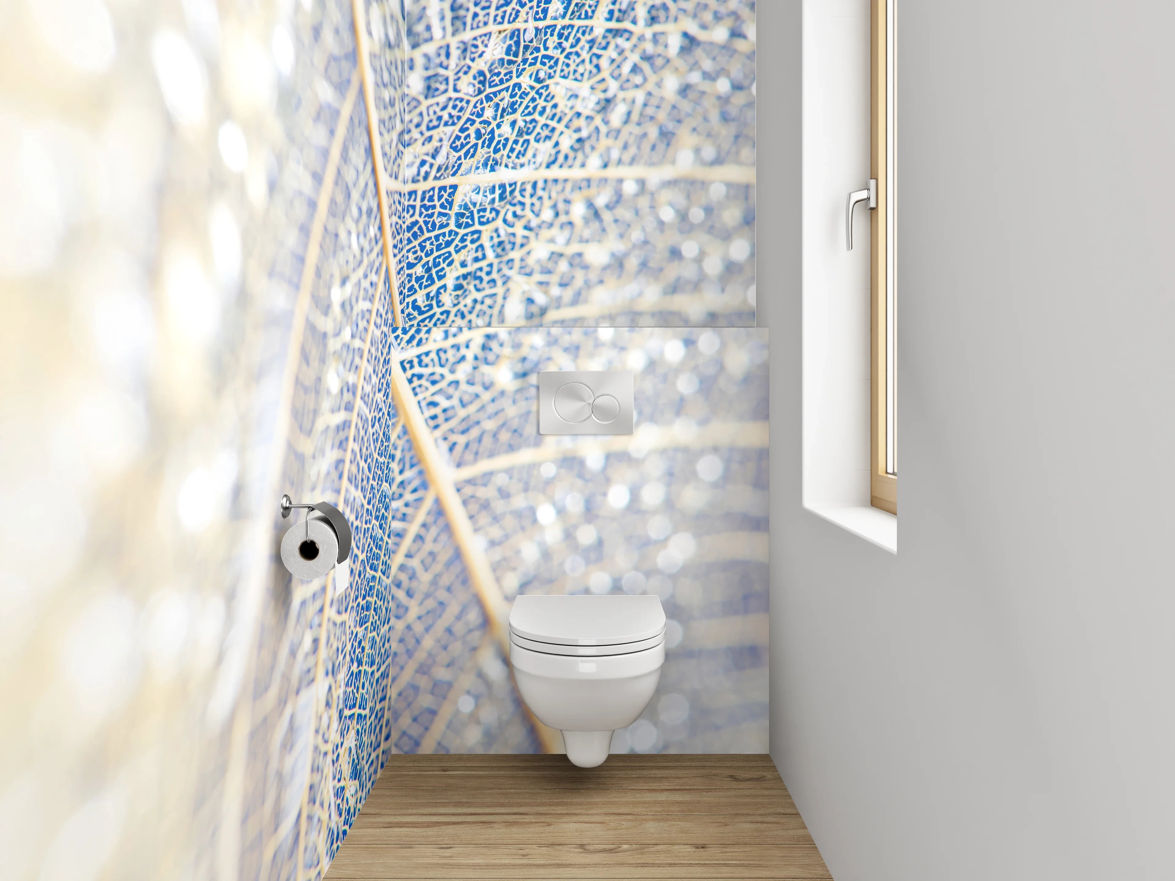 WC-Rückwand - Filigranes Blatt in Weiß und Blau