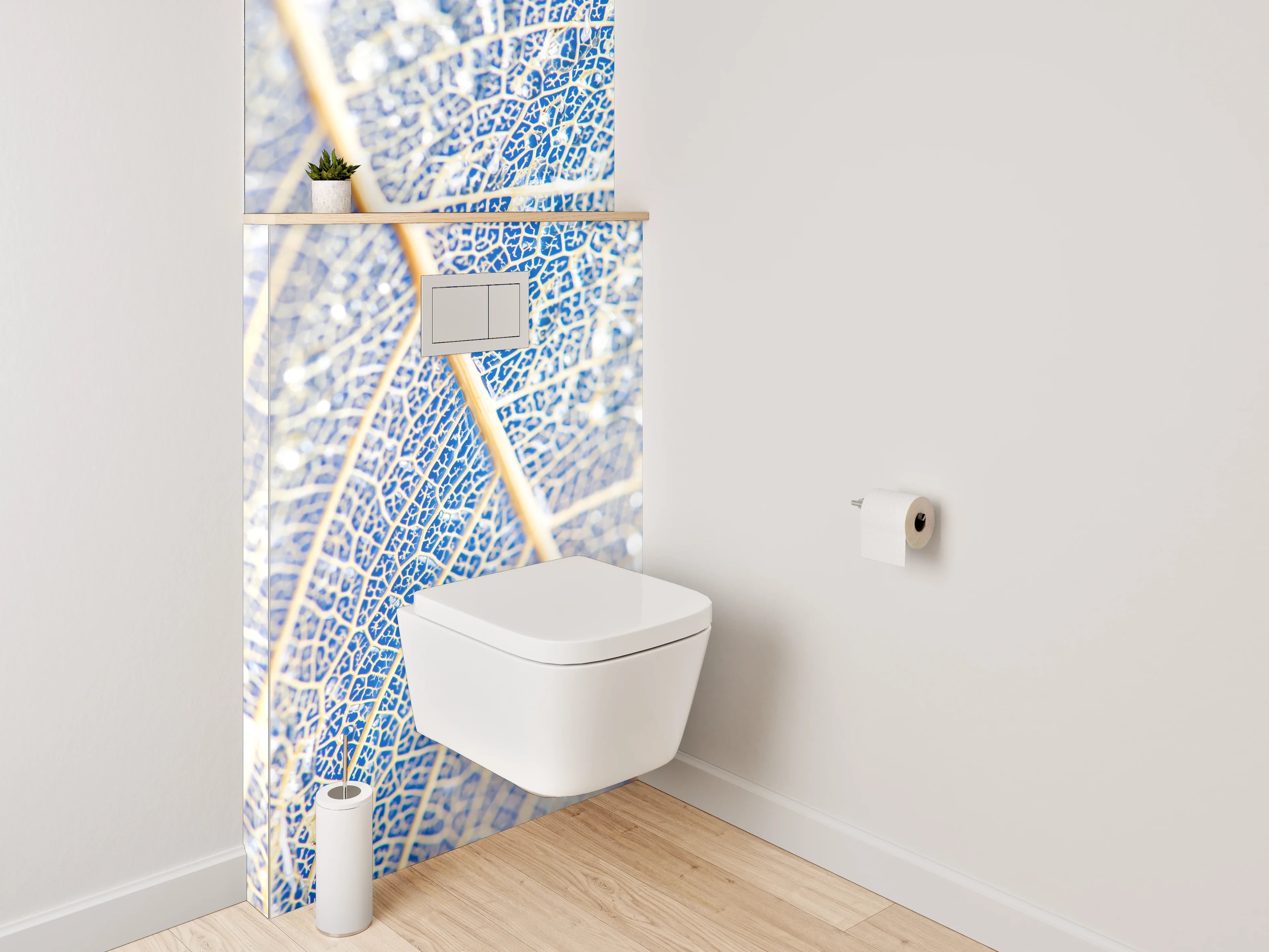 WC-Rückwand - Filigranes Blatt in Weiß und Blau