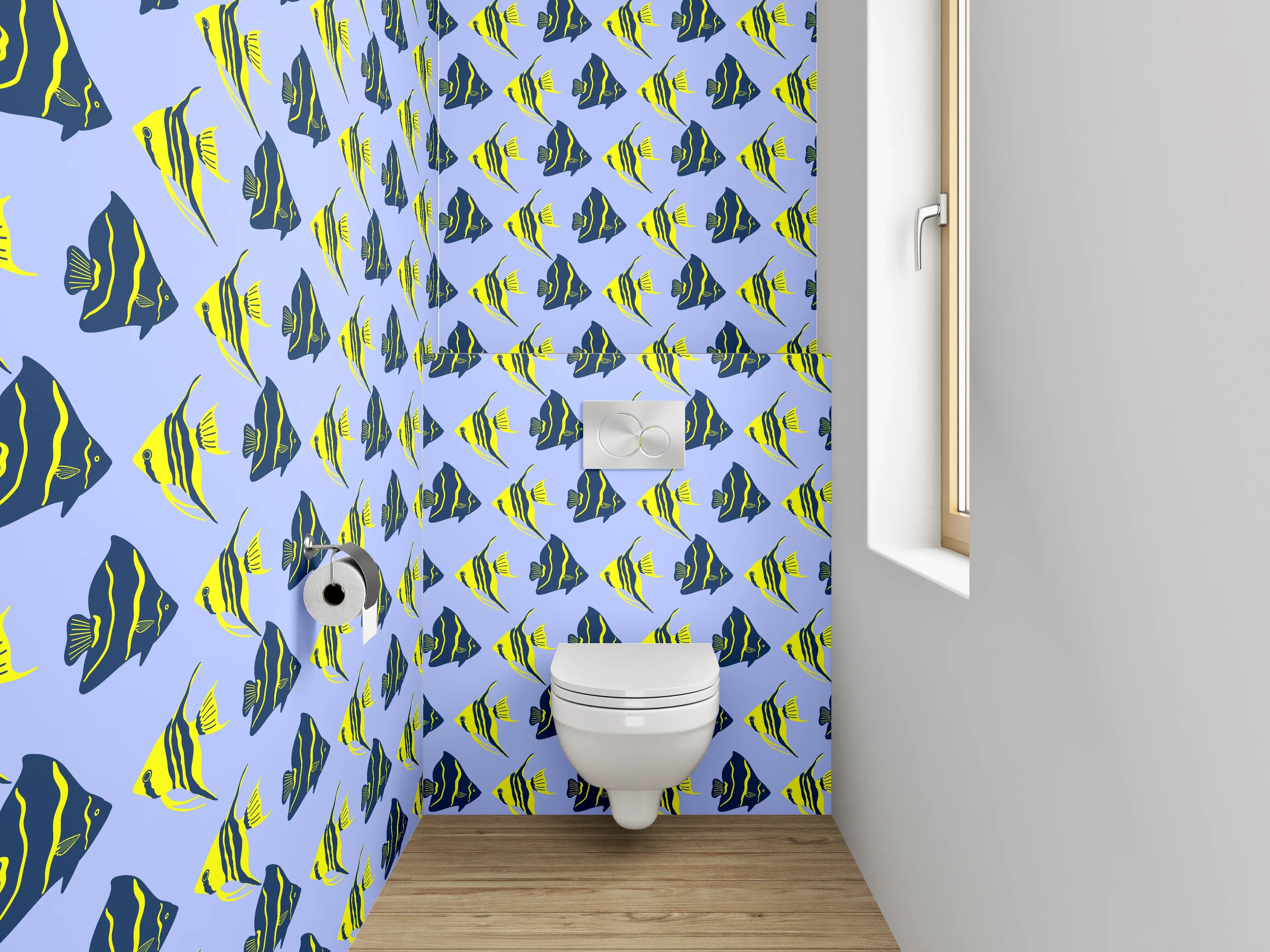 WC-Rückwand - Fische Muster Blau Gelb Aquatisch