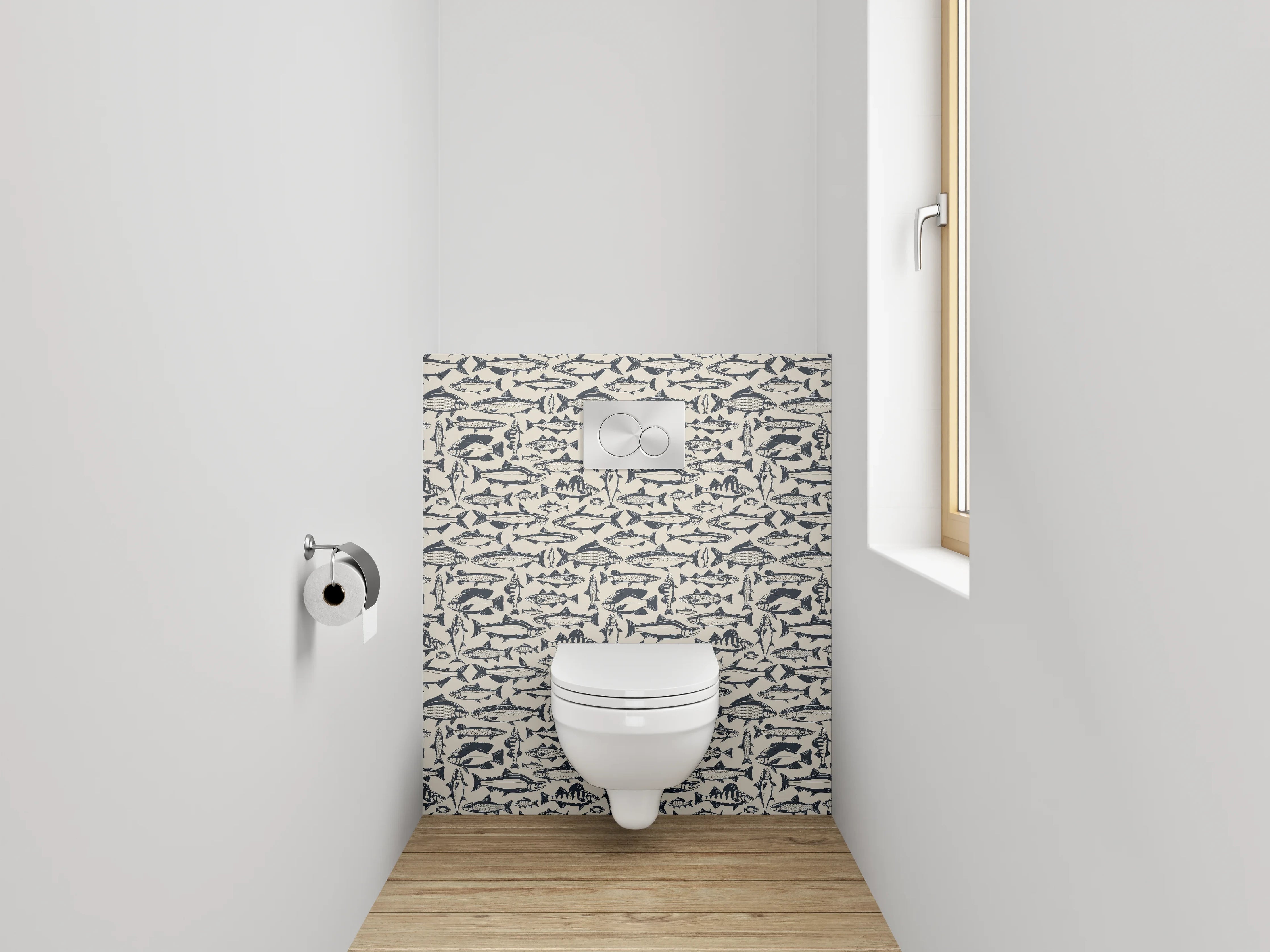 WC-Rückwand - Fischmuster Grafik maritim Schwarz-Weiß