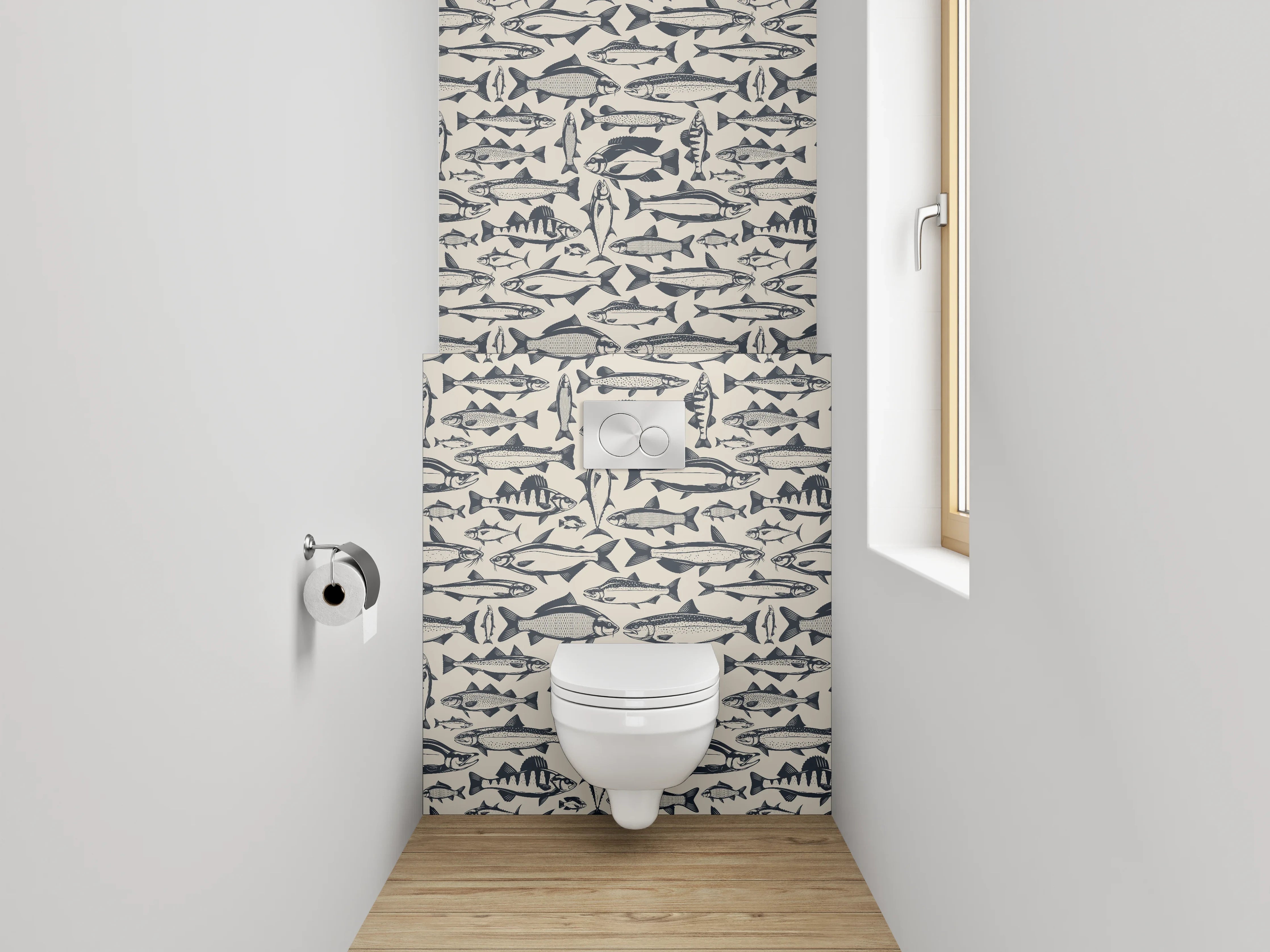 WC-Rückwand - Fischmuster Grafik maritim Schwarz-Weiß