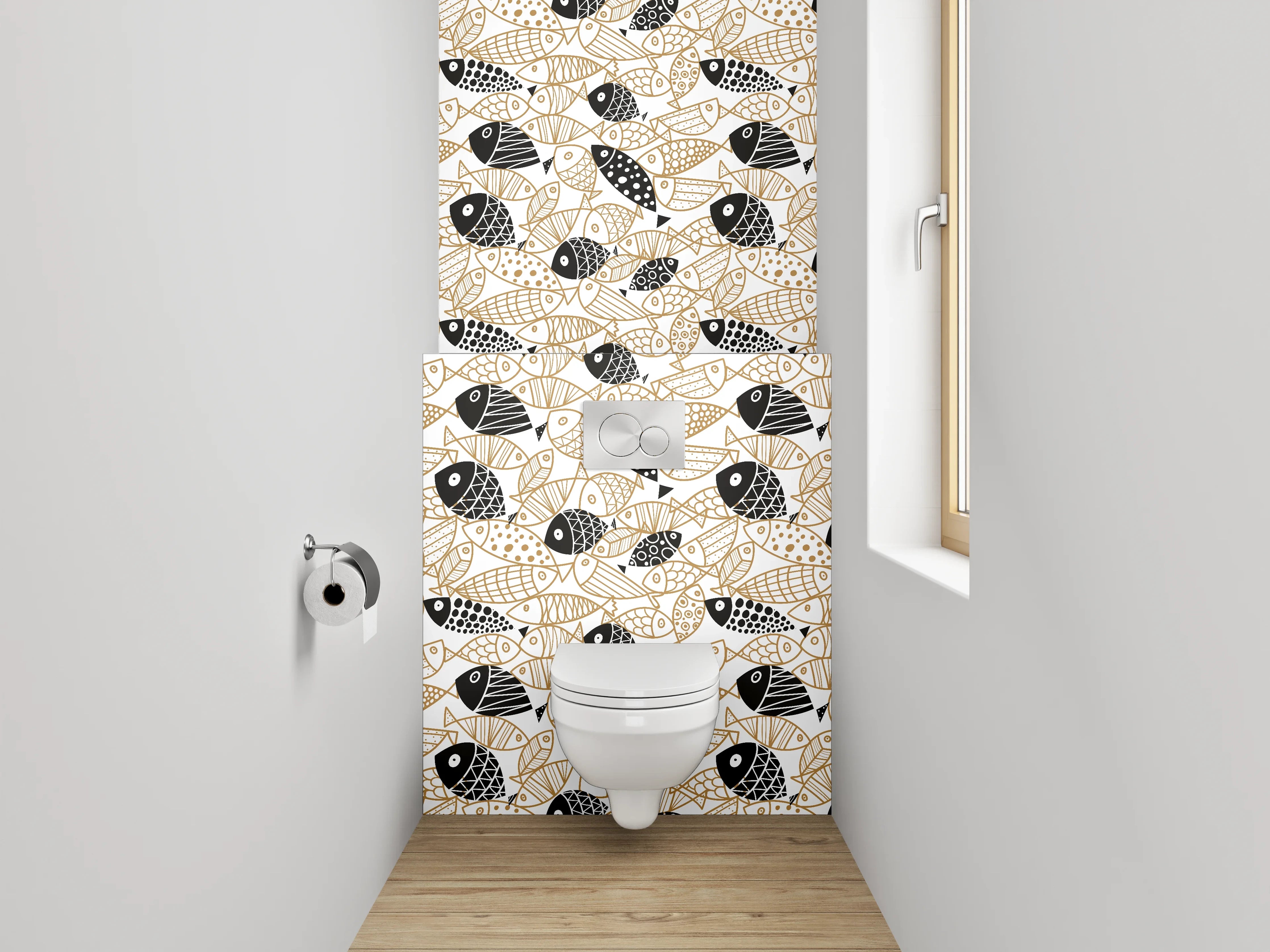 WC-Rückwand - Fischmuster Schwarz Weiß Gold