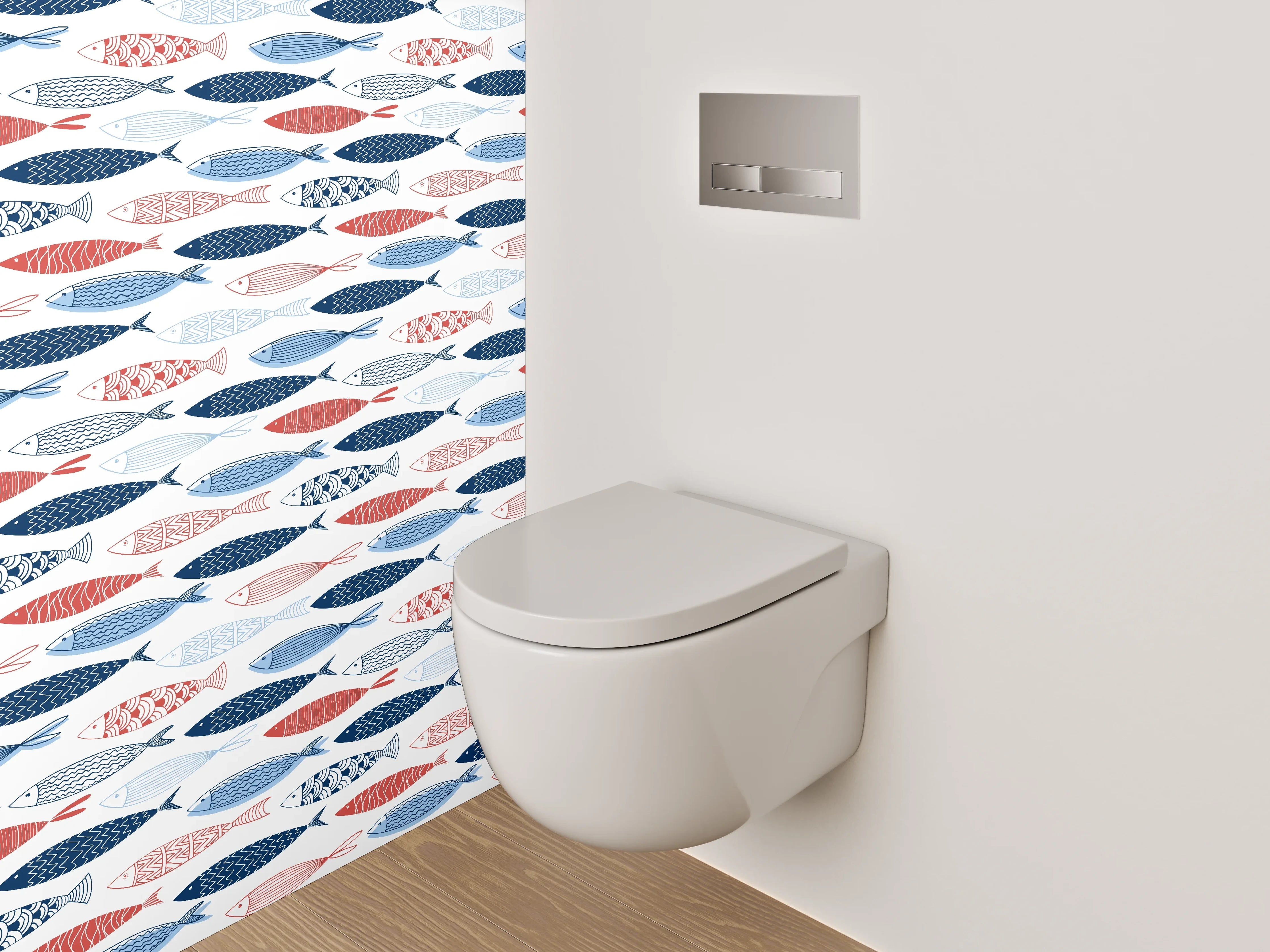 WC-Rückwand - Fischmuster in Blau und Rot