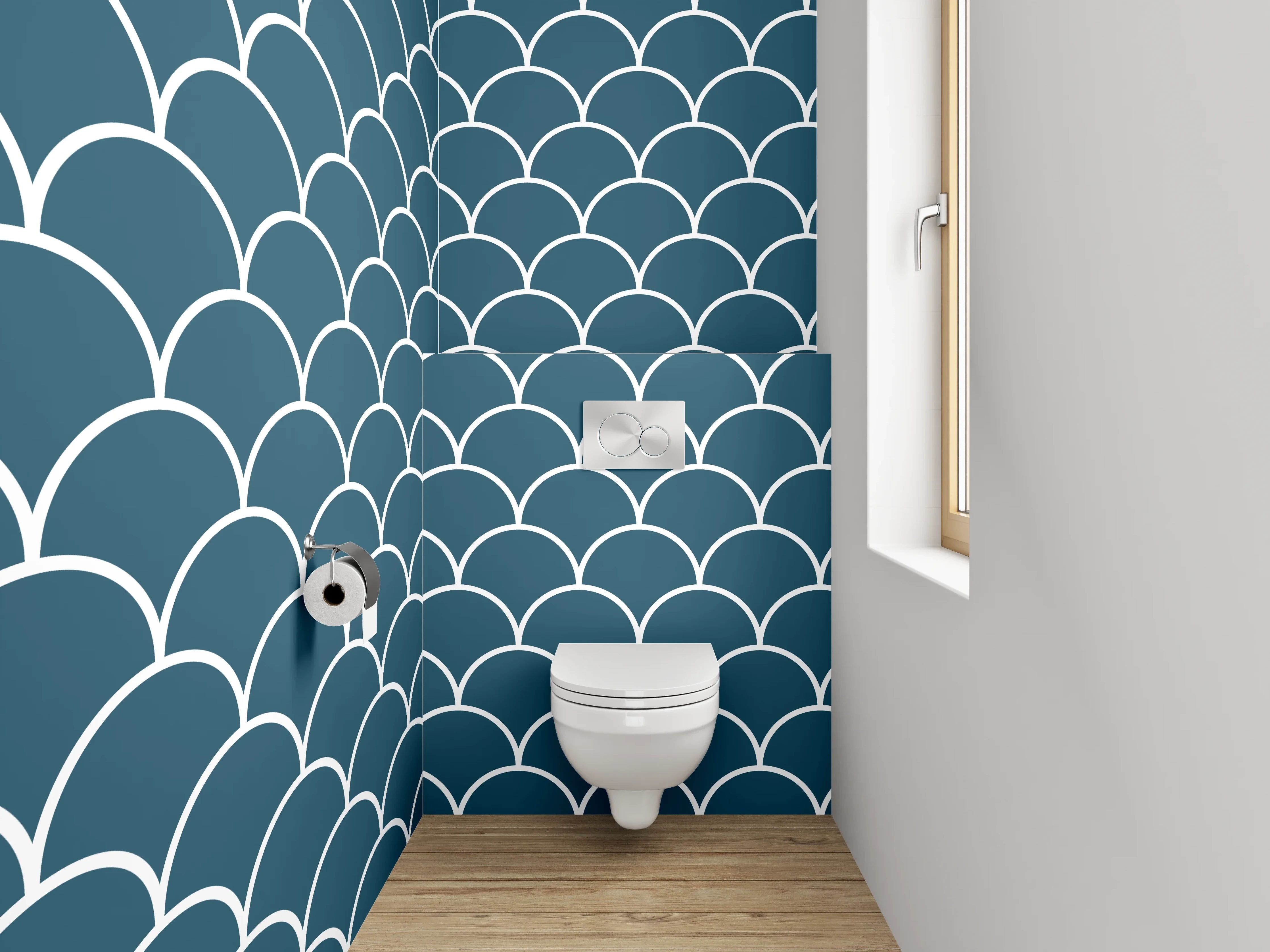 WC-Rückwand - Fischschuppen Muster Blau Weiß
