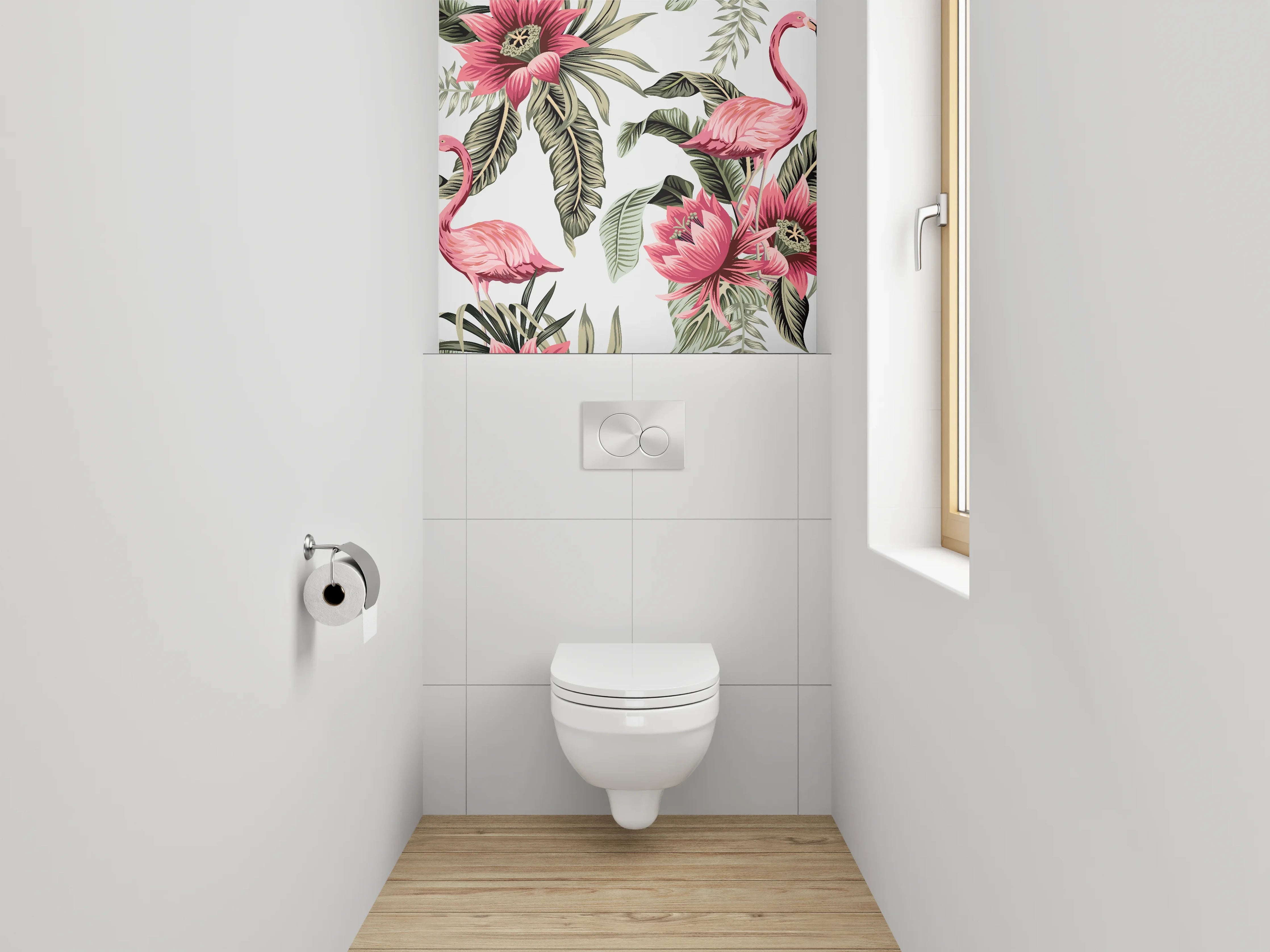 WC-Rückwand - Flamingos im tropischen Blumenmeer