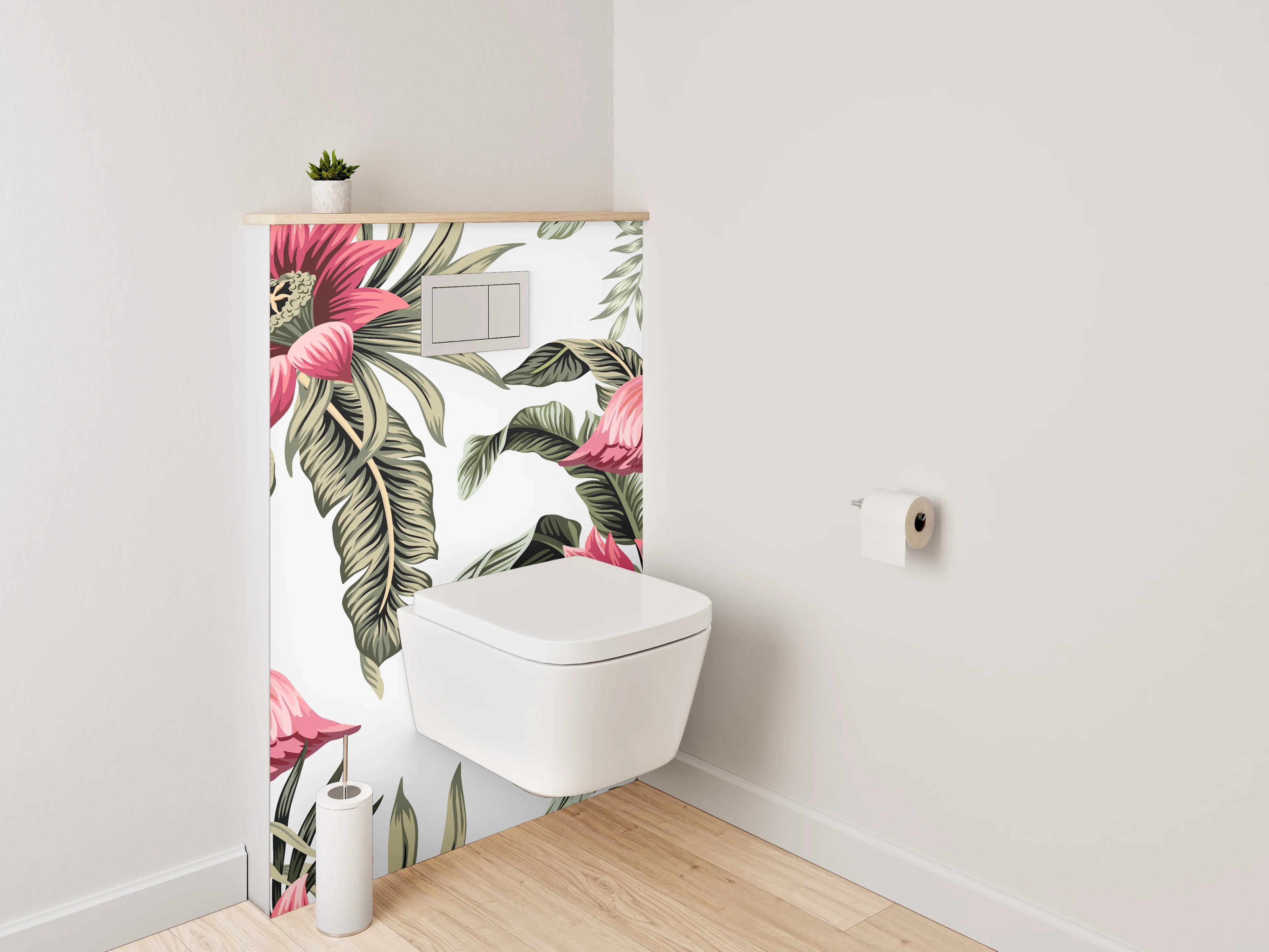 WC-Rückwand - Flamingos im tropischen Blumenmeer