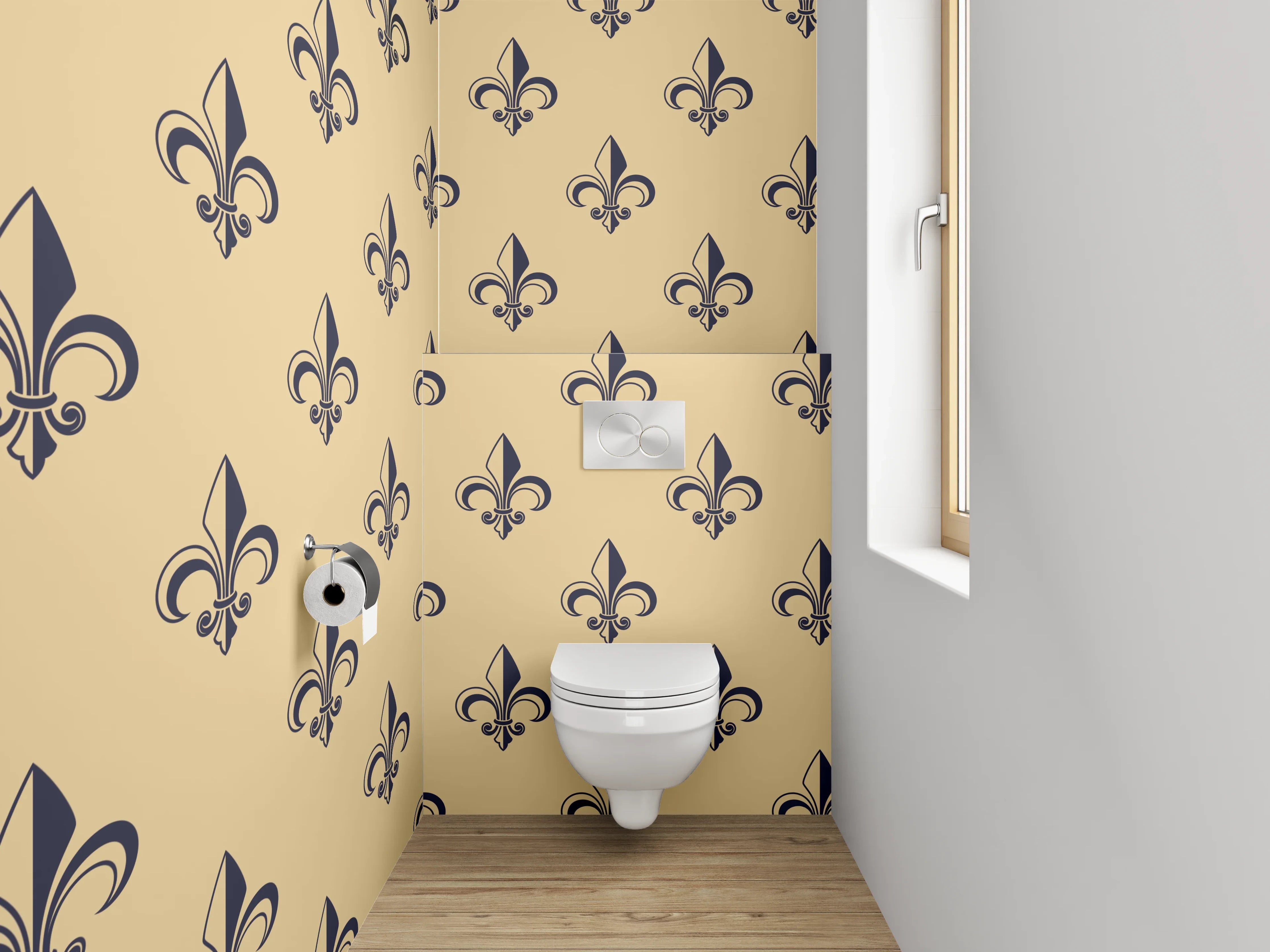 WC-Rückwand - Fleur-de-Lis Muster beige schwarz