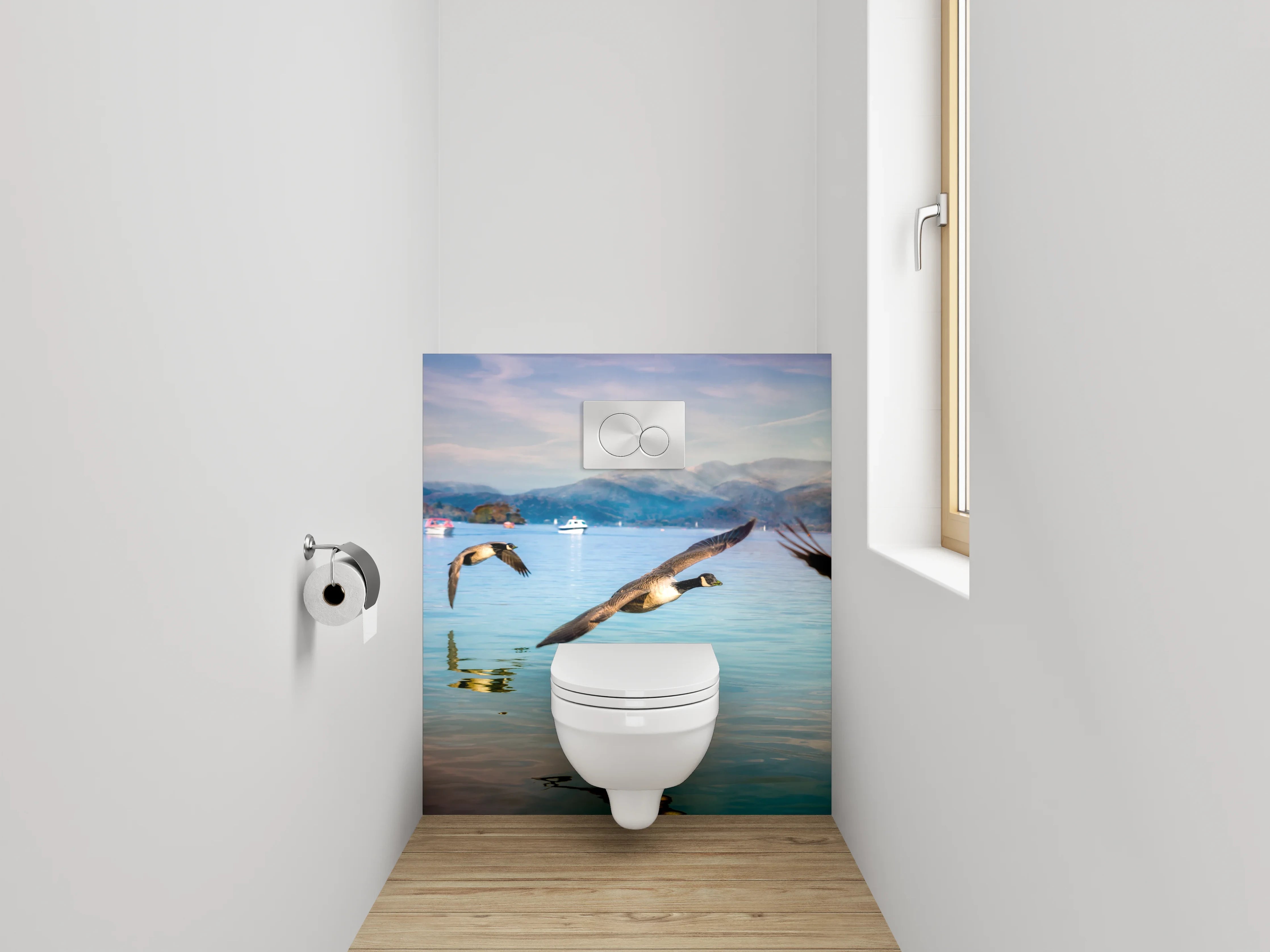 WC-Rückwand - Fliegende Wildgänse am Seeufer