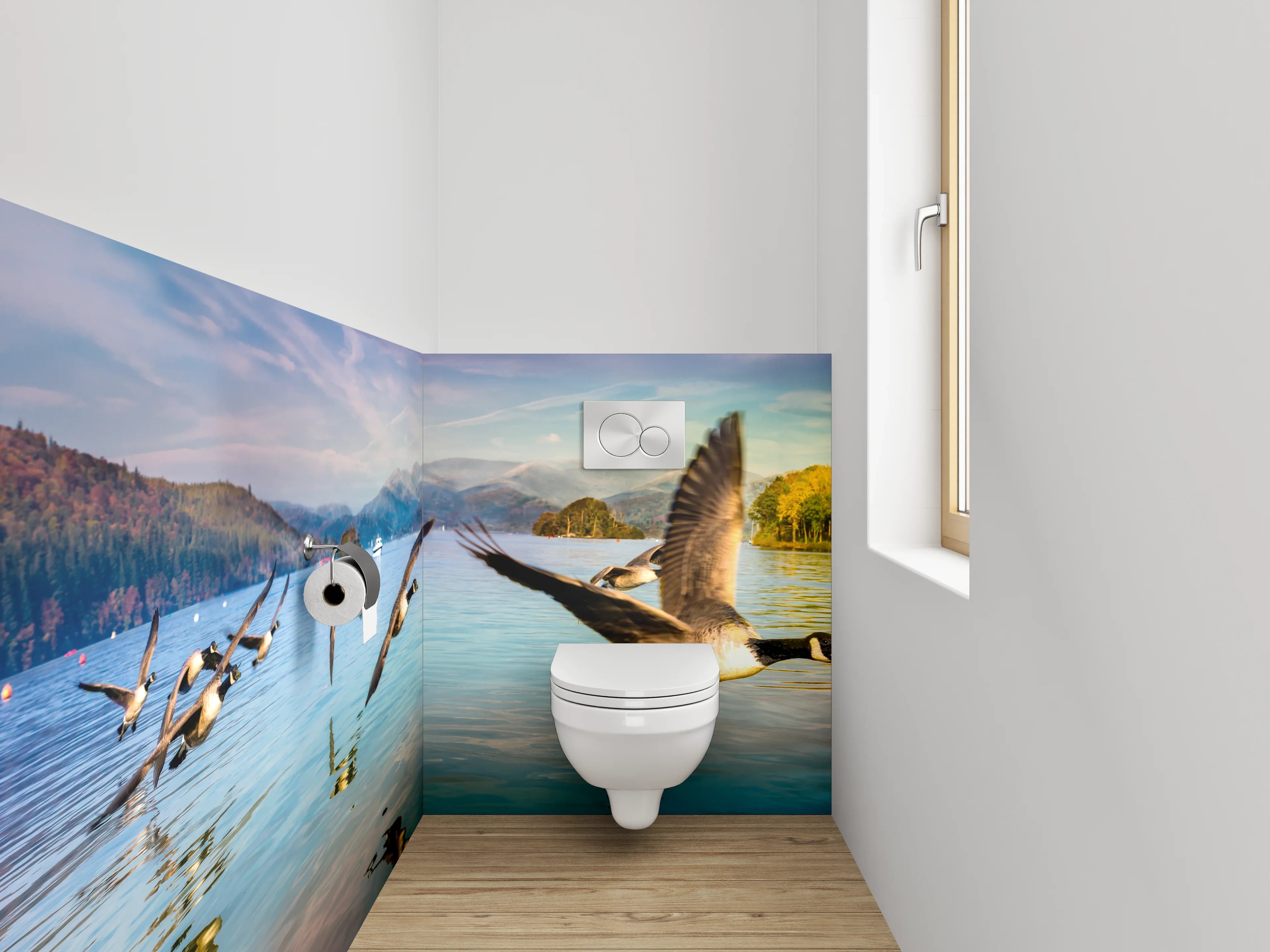 WC-Rückwand - Fliegende Wildgänse am Seeufer