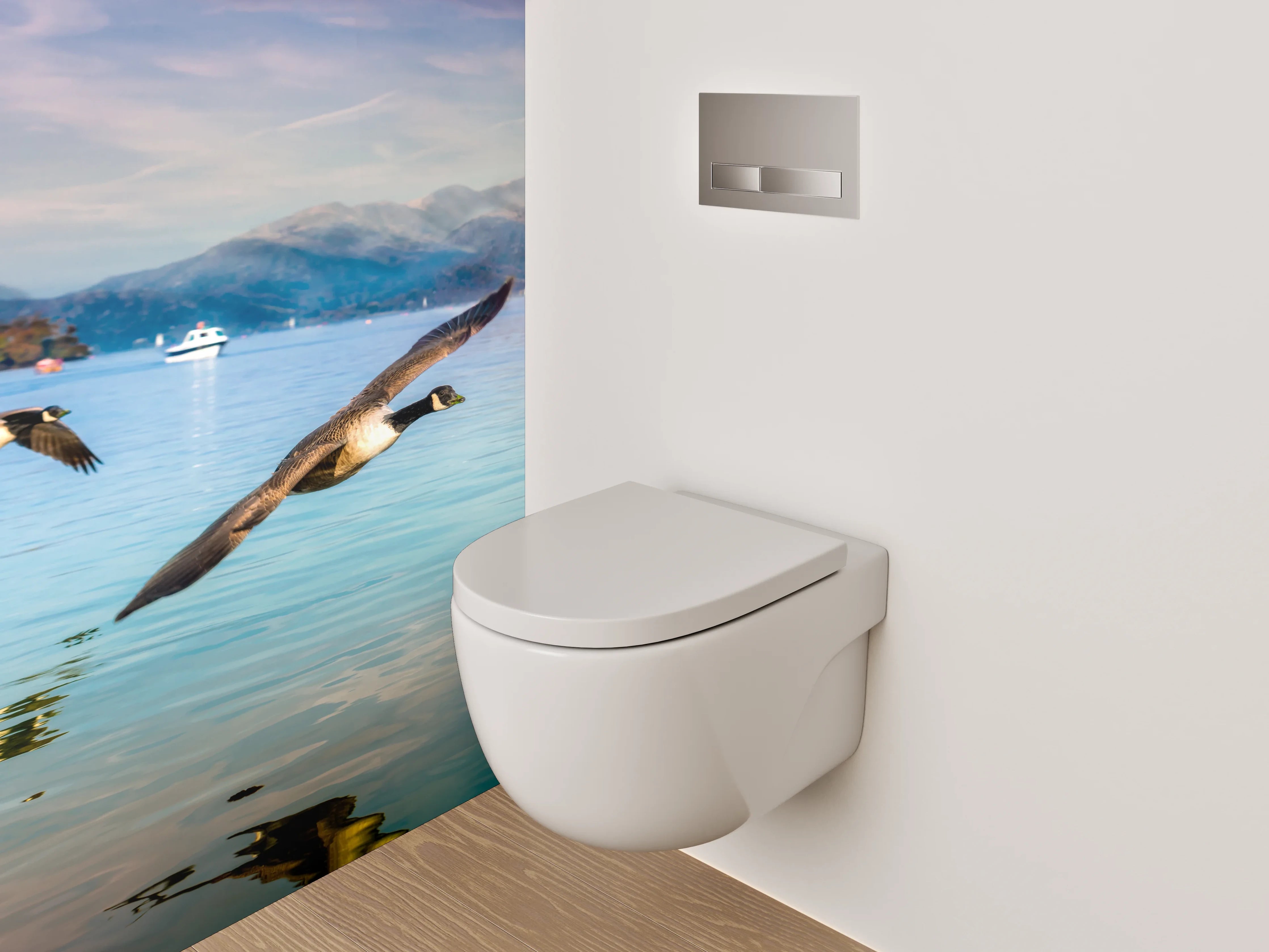 WC-Rückwand - Fliegende Wildgänse am Seeufer