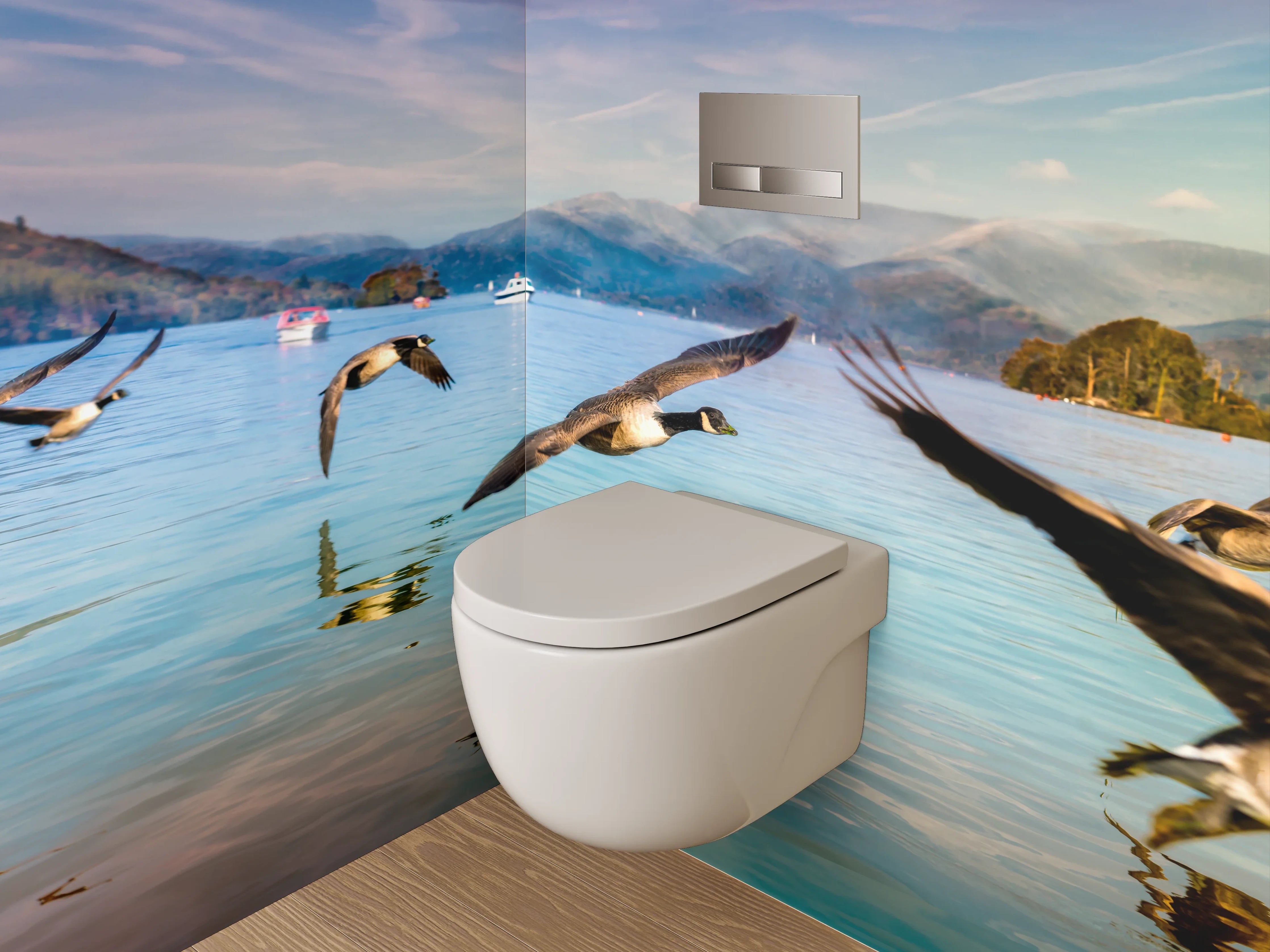 WC-Rückwand - Fliegende Wildgänse am Seeufer
