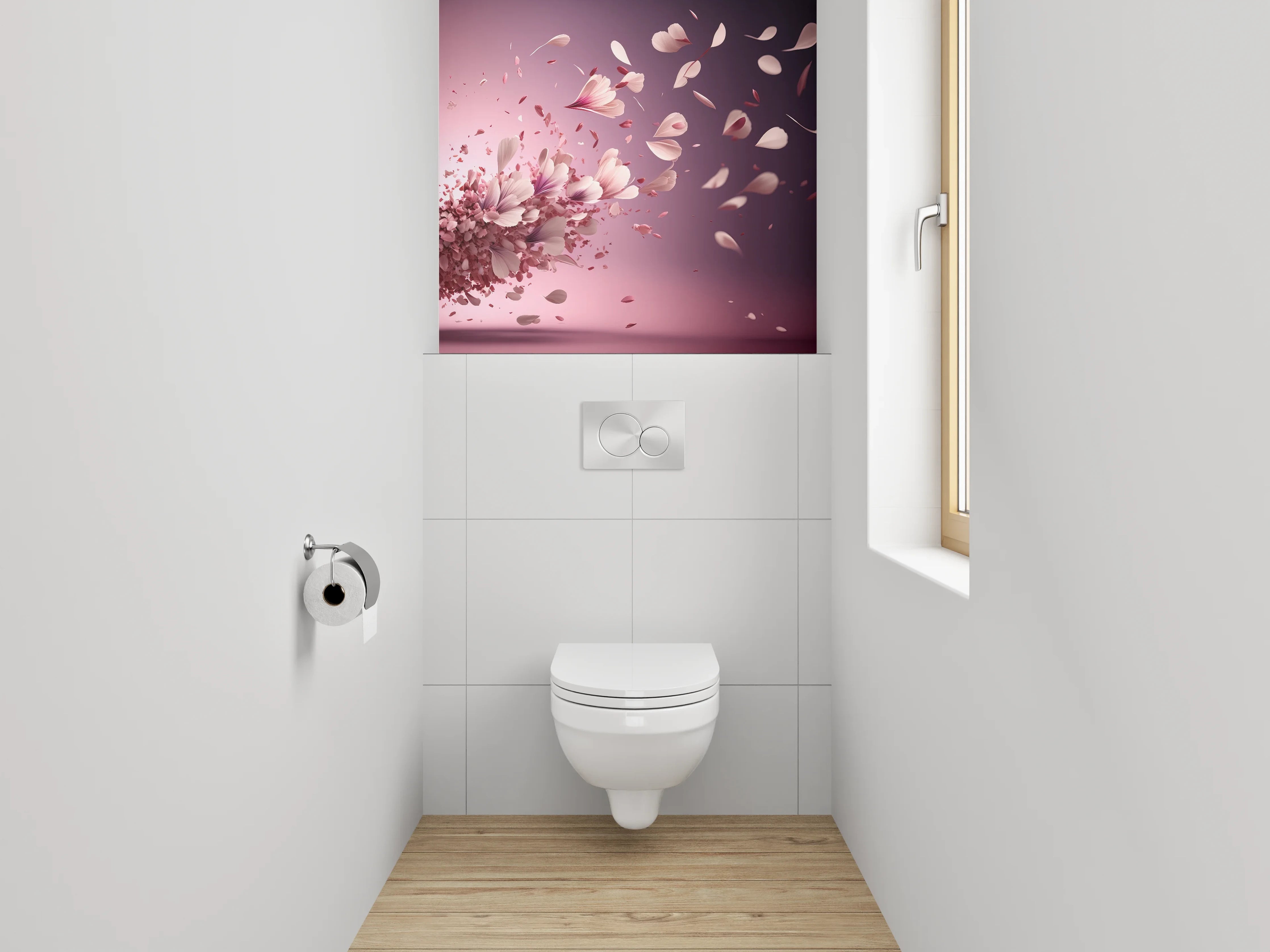 WC-Rückwand - Fliegende rosa Blütenblätter Kunst