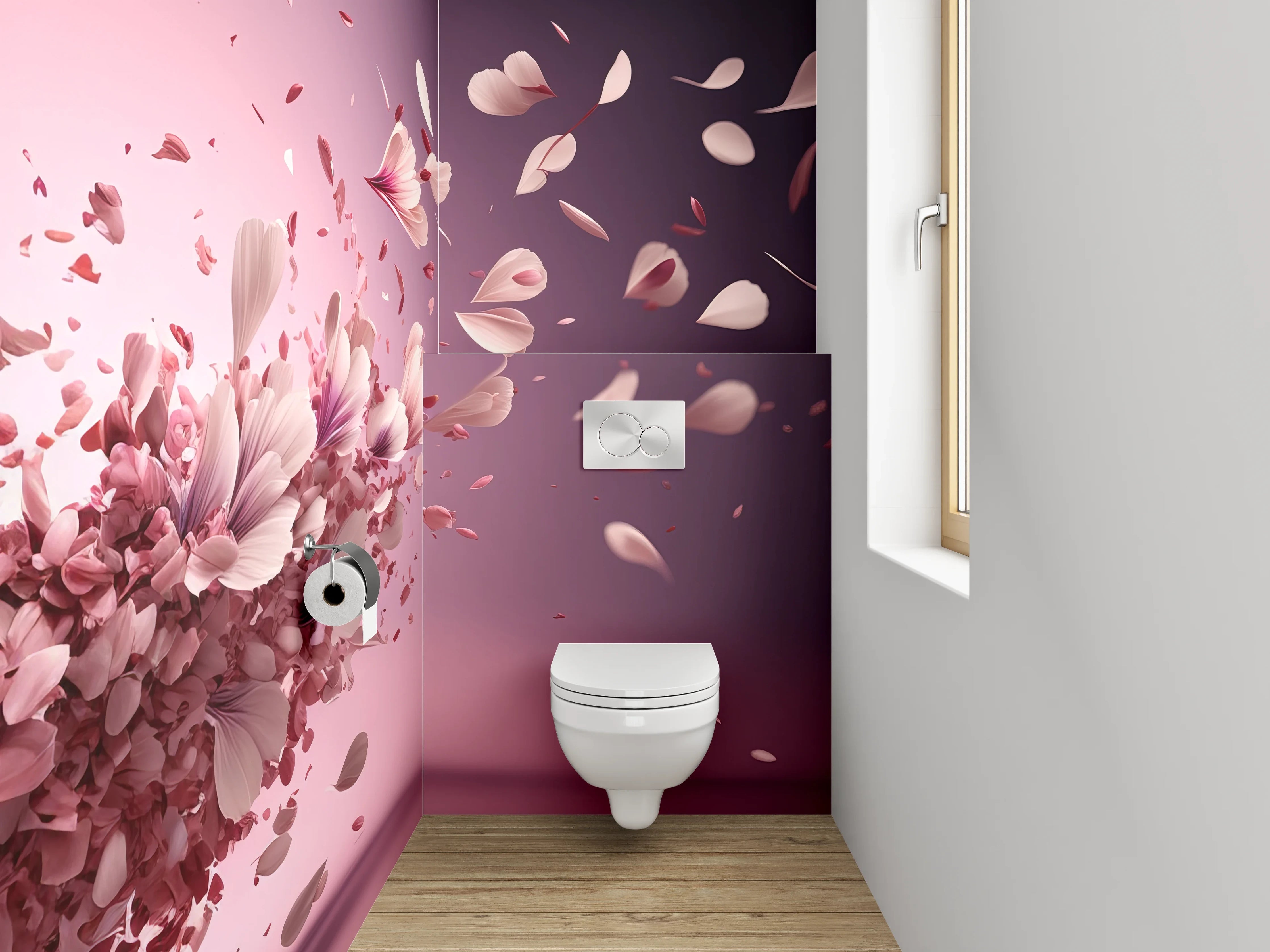 WC-Rückwand - Fliegende rosa Blütenblätter Kunst