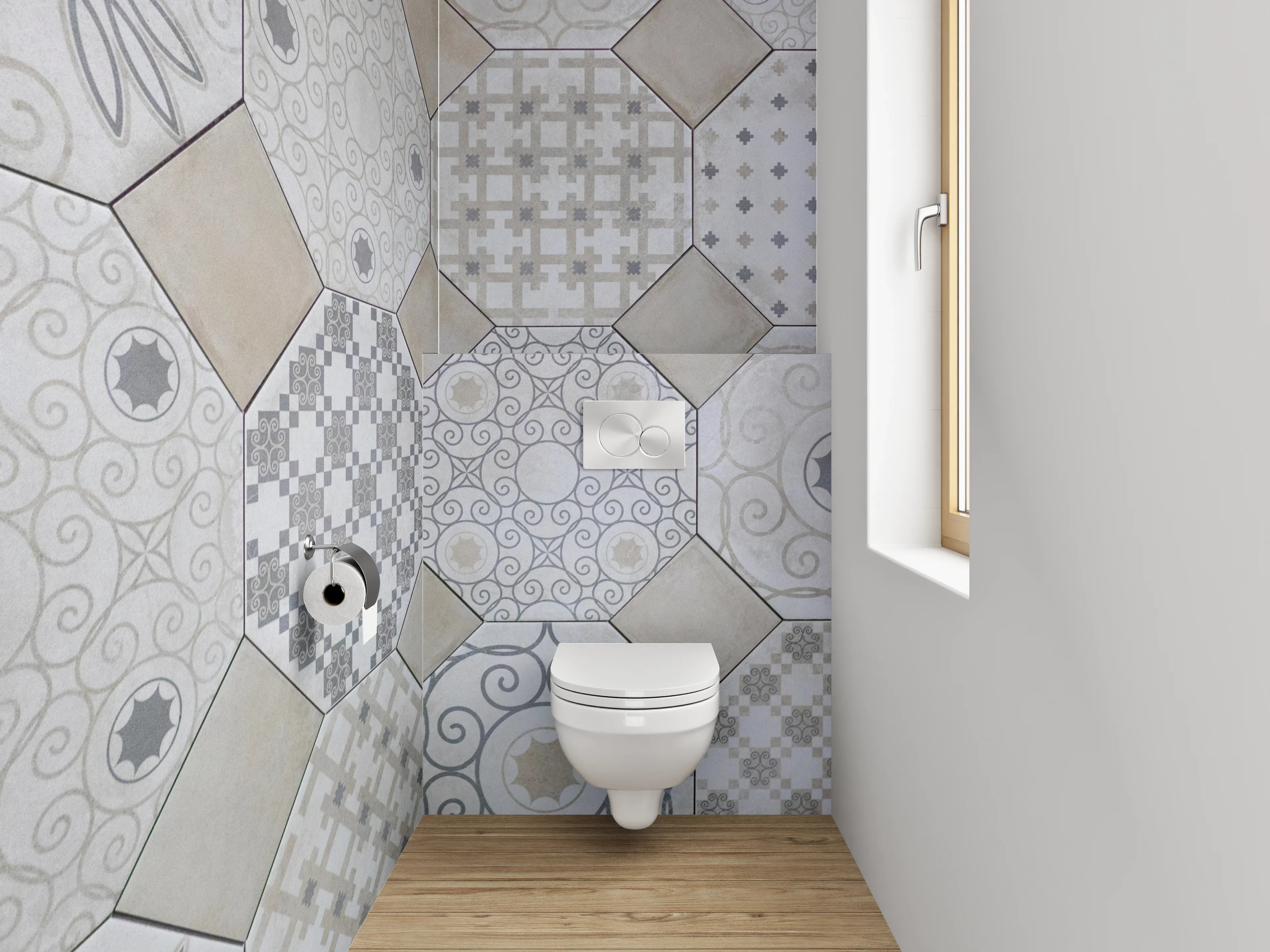 WC-Rückwand - Fliesenmuster Vintage Beige Grau Weiß