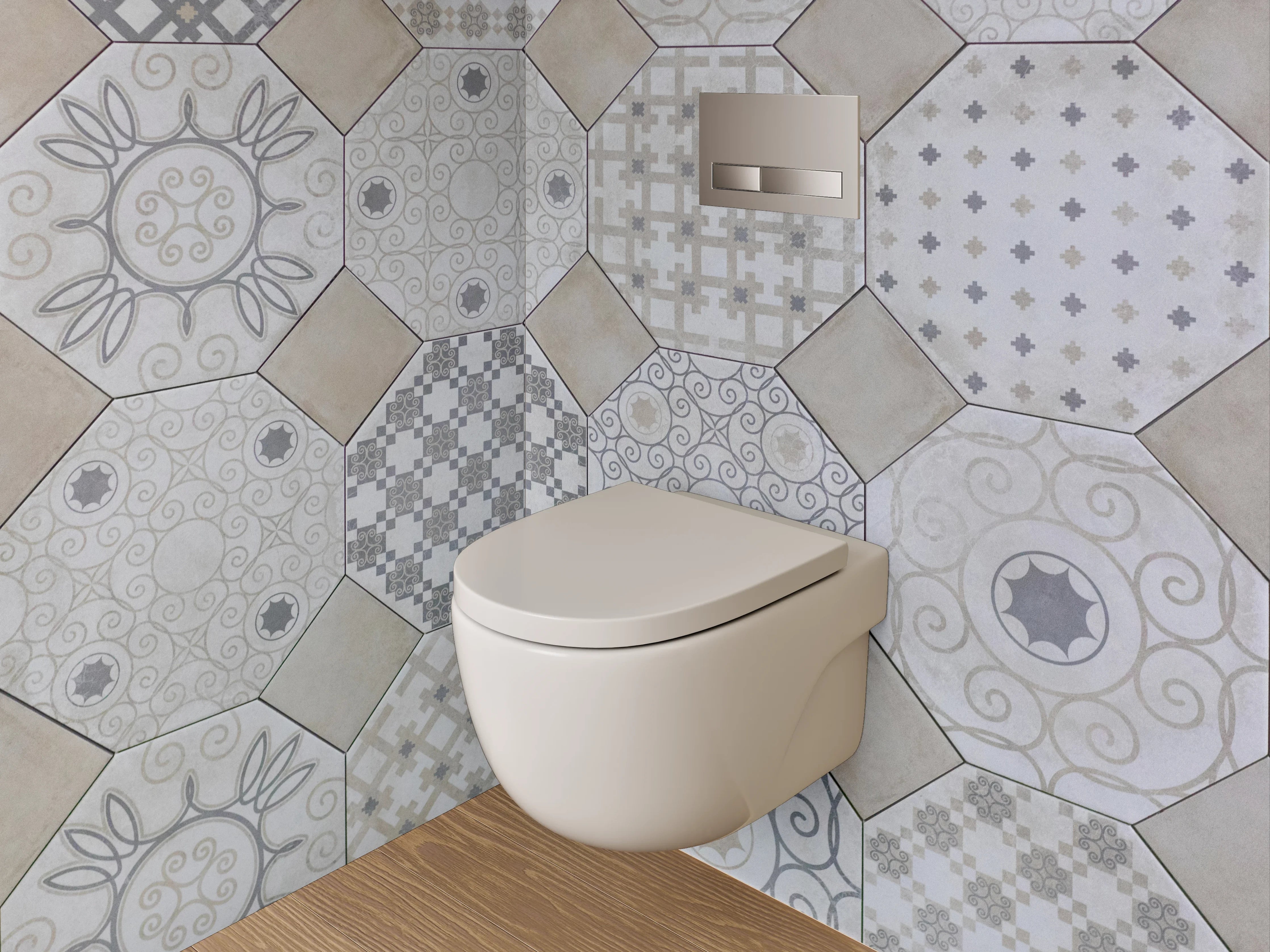 WC-Rückwand - Fliesenmuster Vintage Beige Grau Weiß