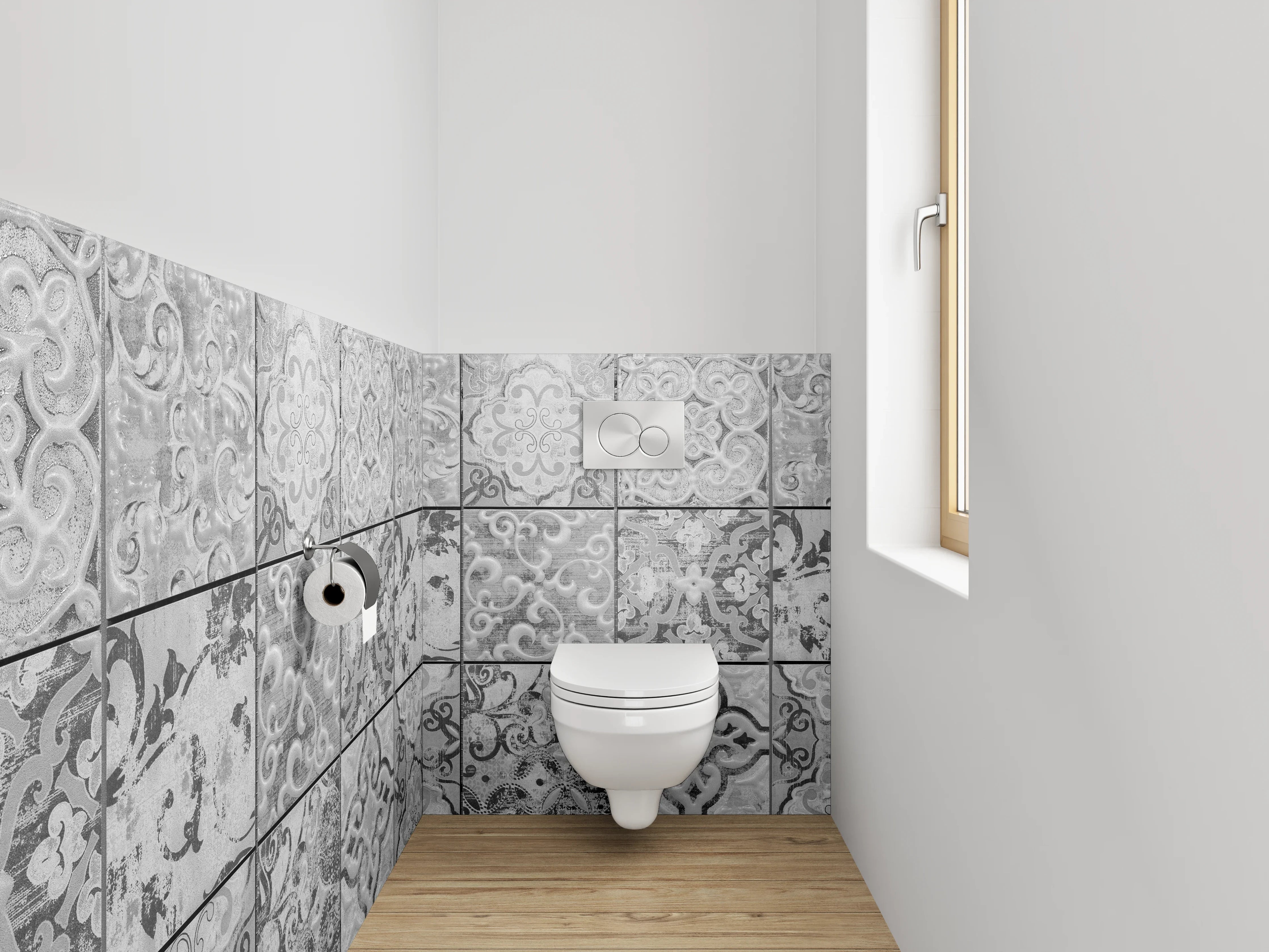 WC-Rückwand - Fliesenmuster in Schwarz-Weiß-Optik