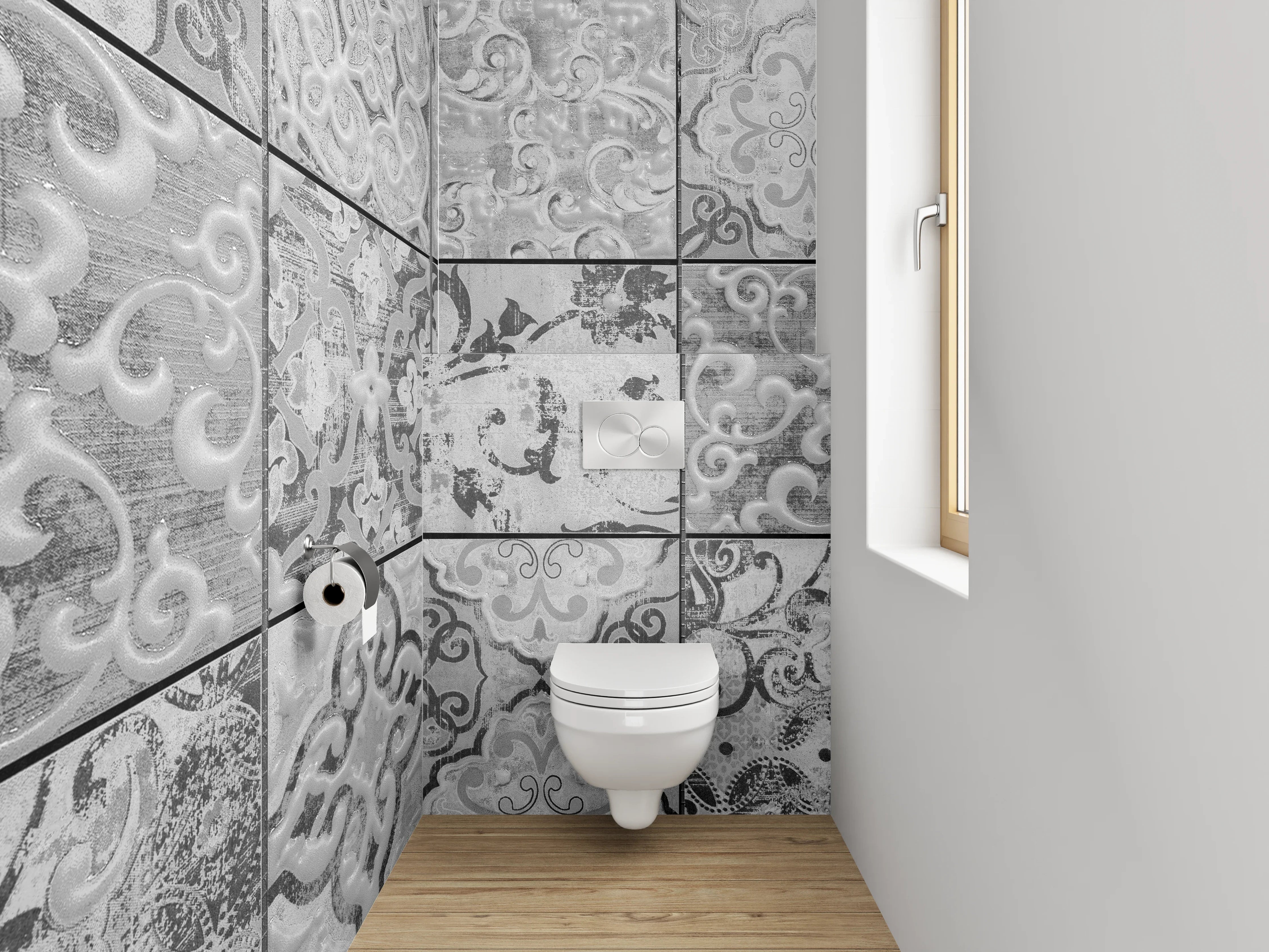 WC-Rückwand - Fliesenmuster in Schwarz-Weiß-Optik