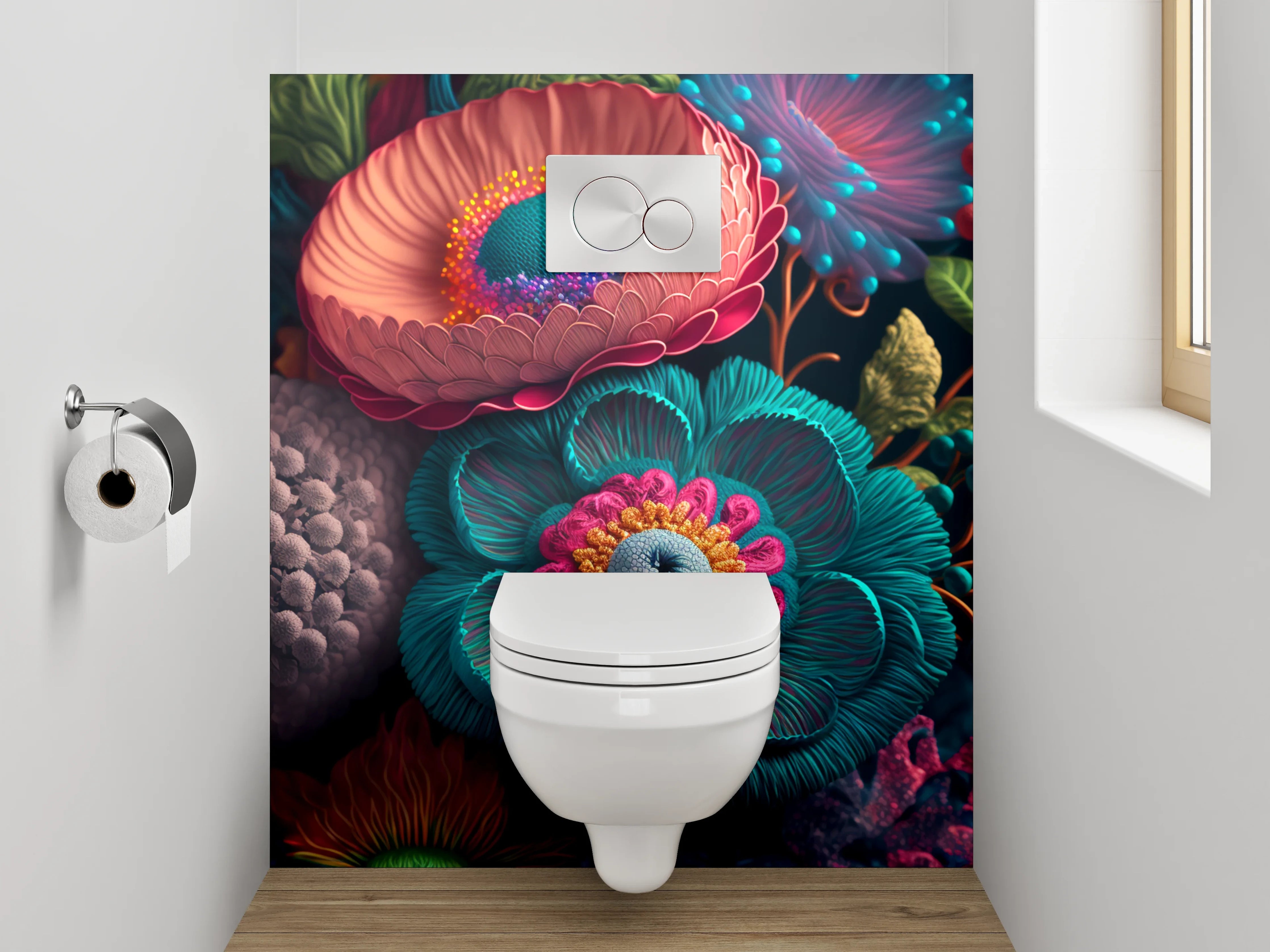WC-Rückwand - Florale 3D-Kunst in lebendigen Farben