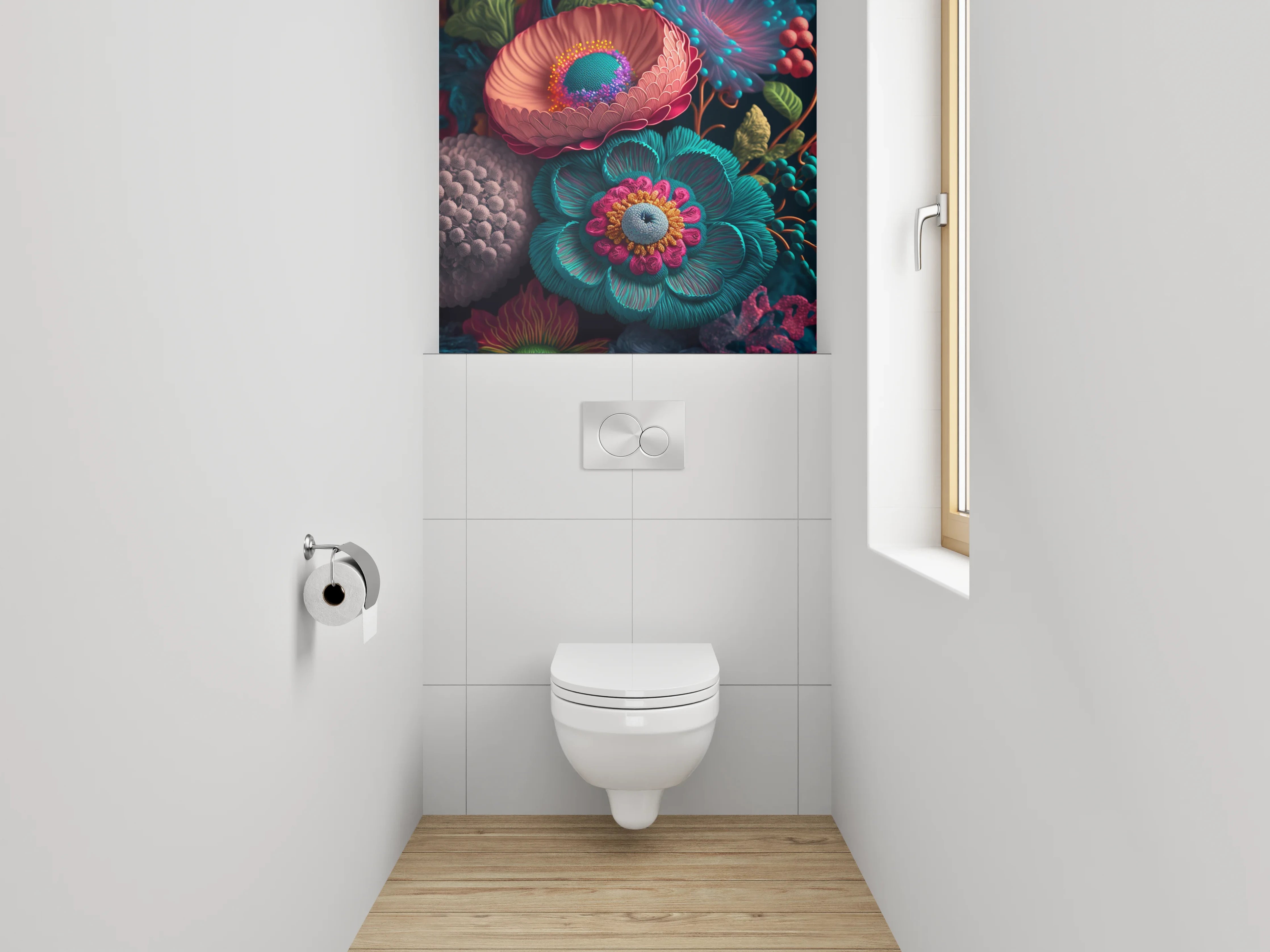 WC-Rückwand - Florale 3D-Kunst in lebendigen Farben