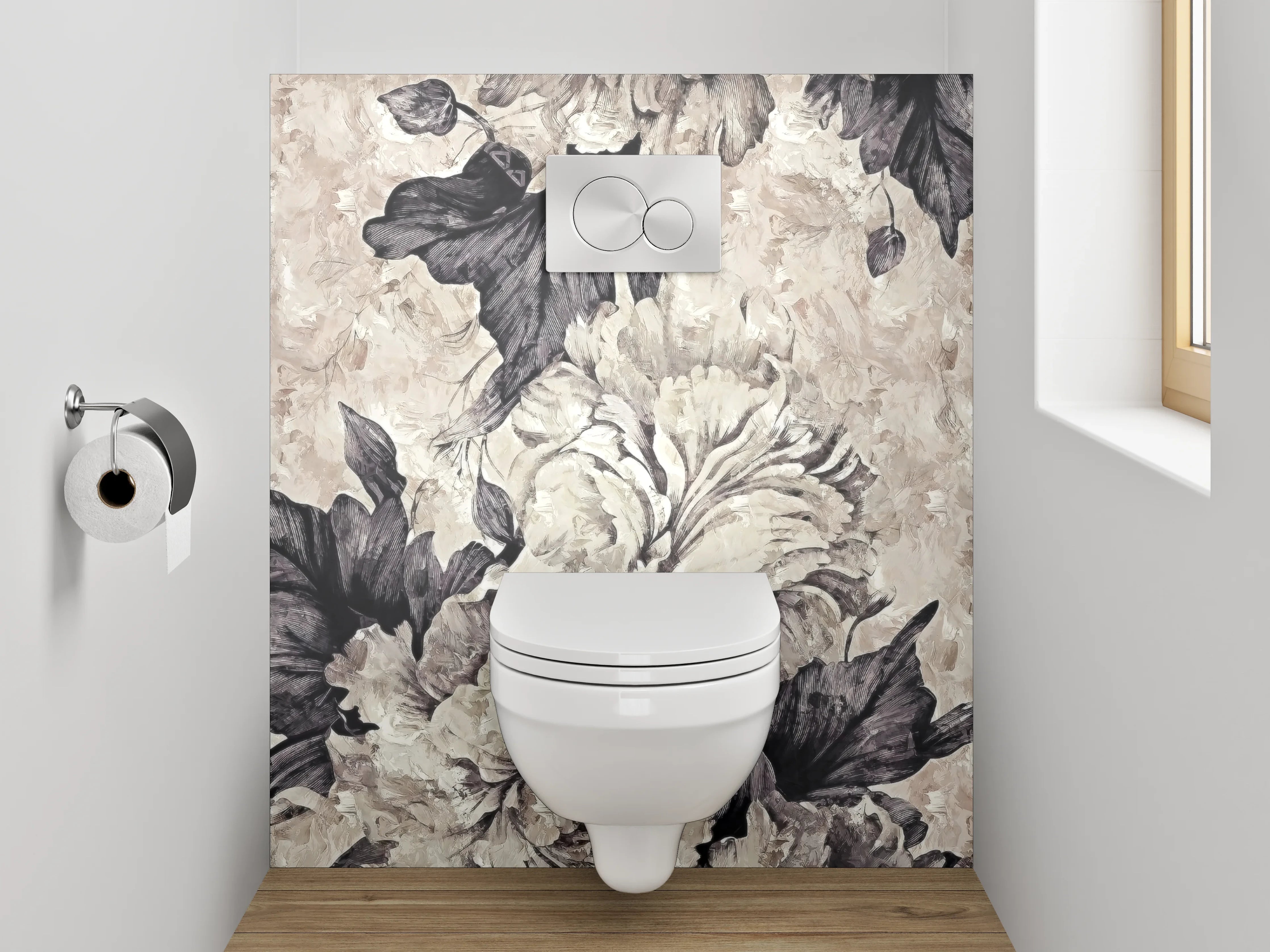 WC-Rückwand - Florale Eleganz in Schwarz-Weiß