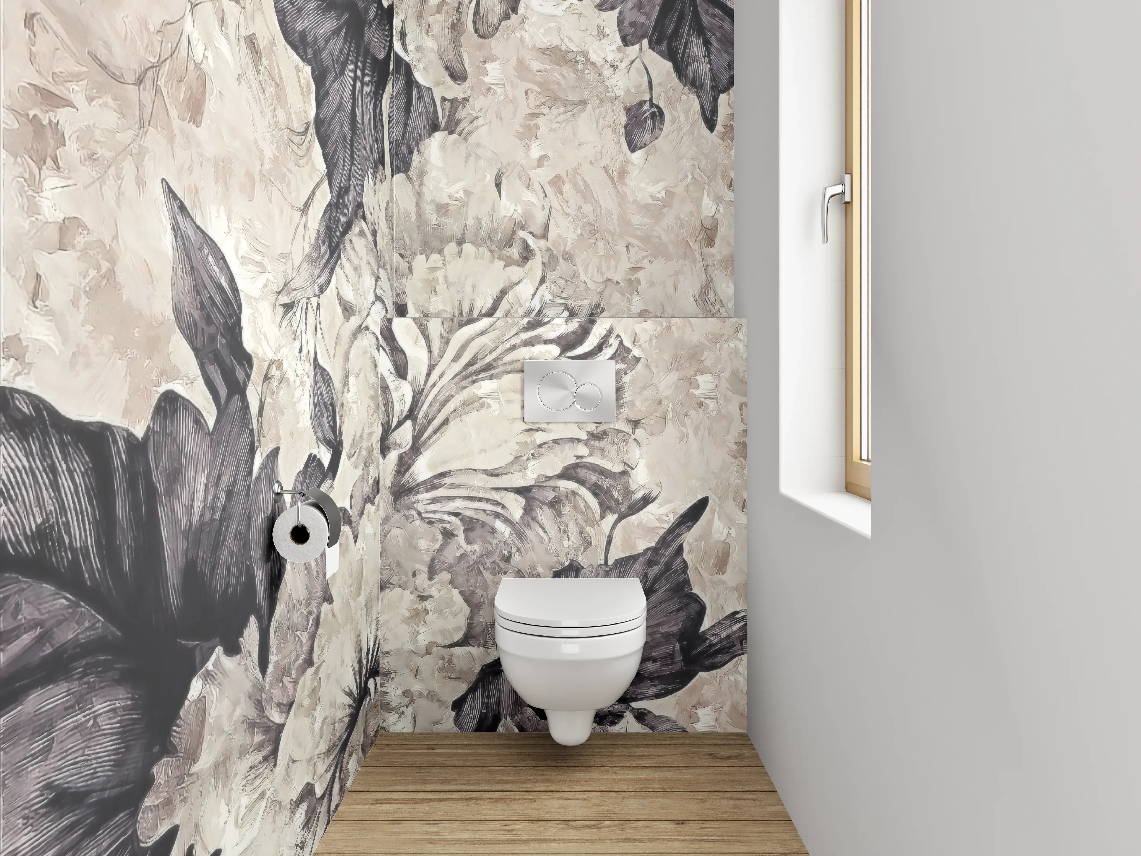 WC-Rückwand - Florale Eleganz in Schwarz-Weiß