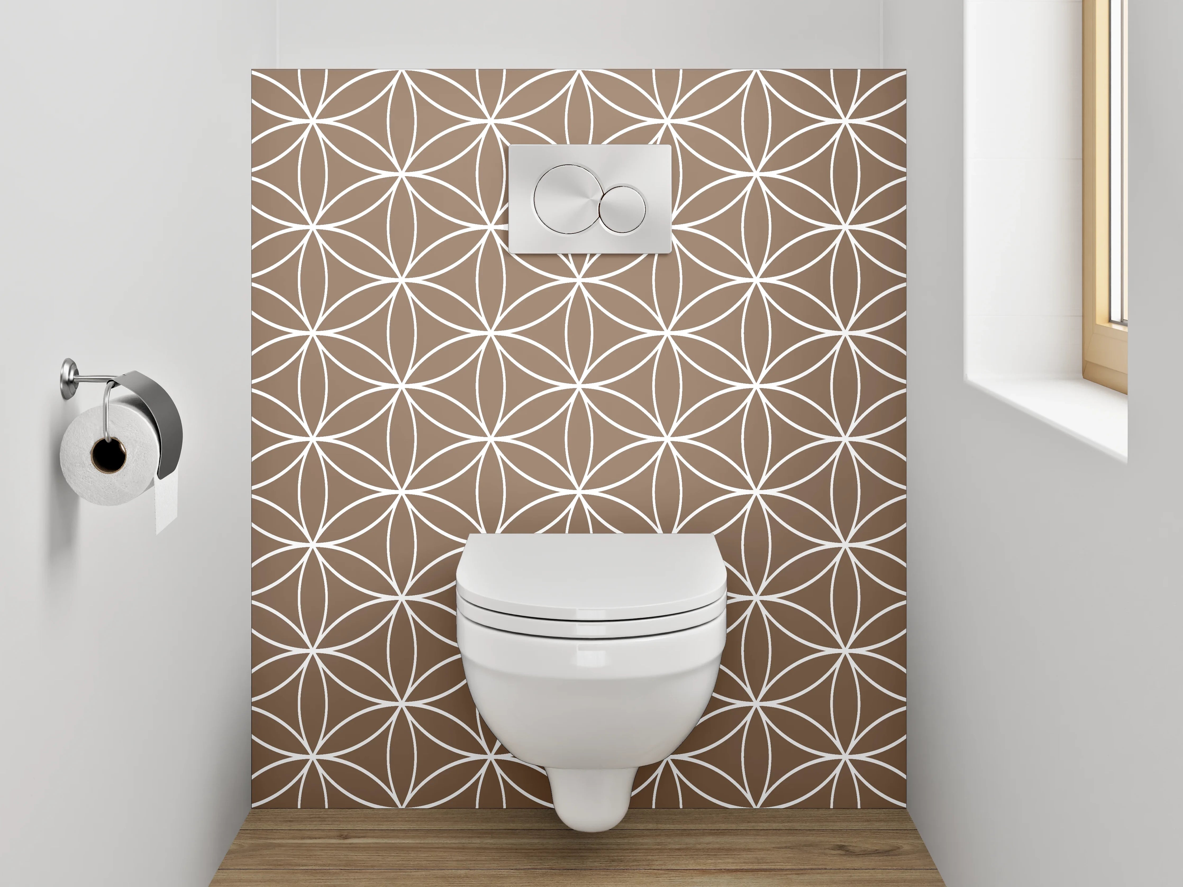 WC-Rückwand - Florale Geometrie in Braun und Weißgrau