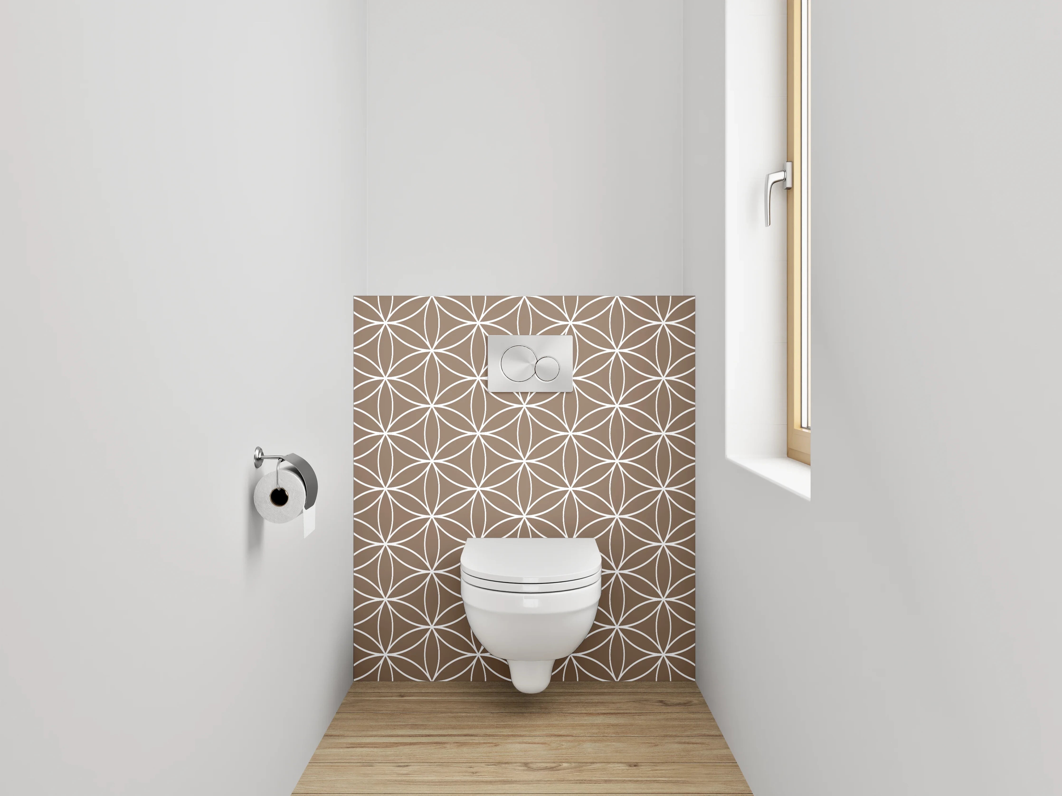 WC-Rückwand - Florale Geometrie in Braun und Weißgrau