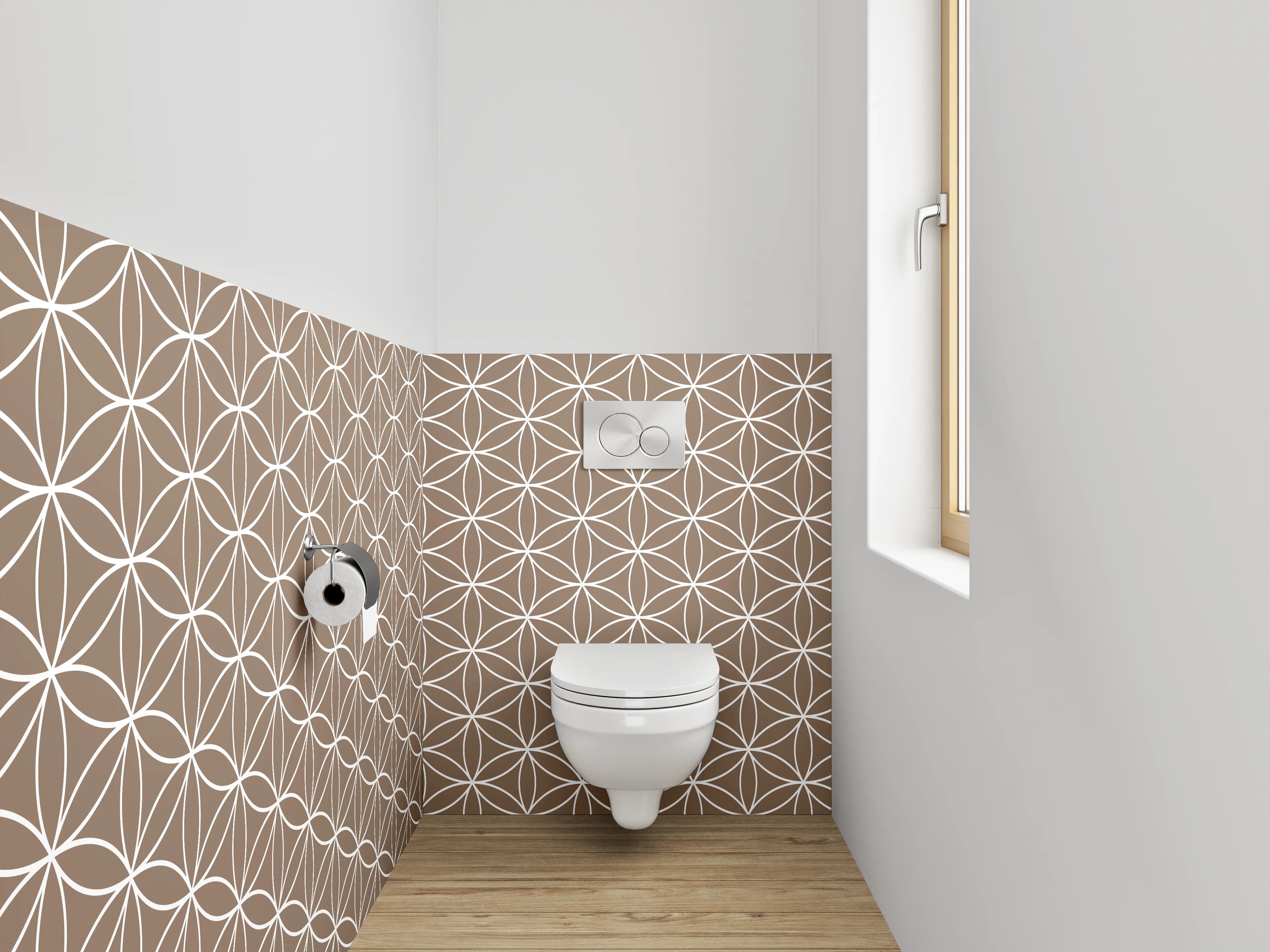 WC-Rückwand - Florale Geometrie in Braun und Weißgrau