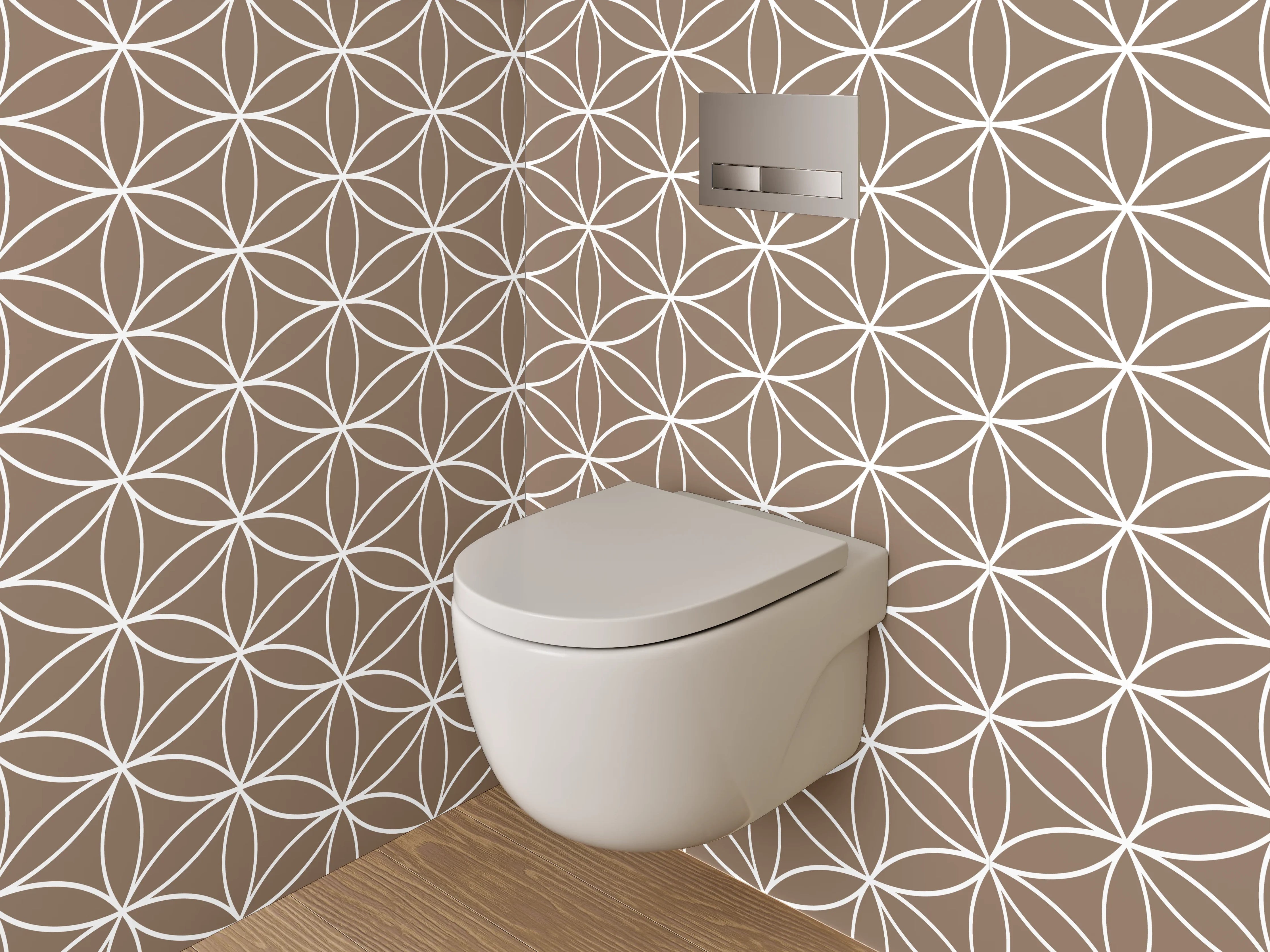 WC-Rückwand - Florale Geometrie in Braun und Weißgrau
